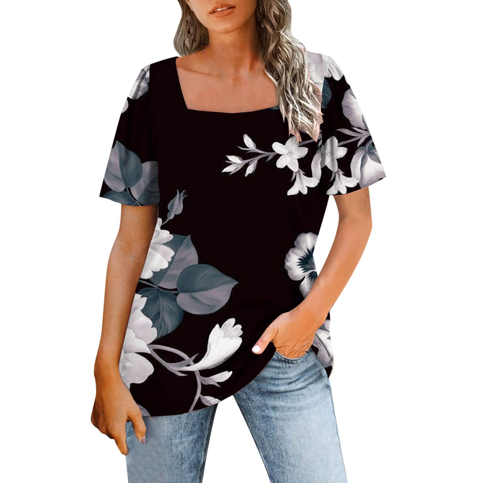Women's Summer Tunic Tops - Short Sleeve Square Neck Floral Letter Printed Casual Slim Tee Blouse for Elegant Outfits | Perfect for Office Wear, Date Nights & Summer Outings