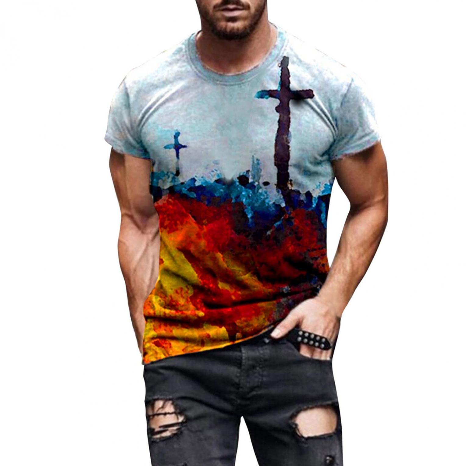 **Men's Summer Short Sleeve T-Shirts - Fashion Cross Print Round Neck Athletic Tops for Workout & Casual Wear | Breathable & Lightweight for Gym, Running, and Everyday Use**