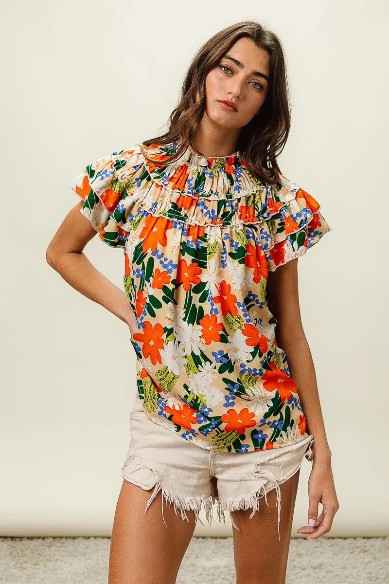 BiBi Women's Floral Print Woven Blouse - Colorful Short Sleeve Tops for Casual Wear, Summer Outfits & Boho Style Fashion