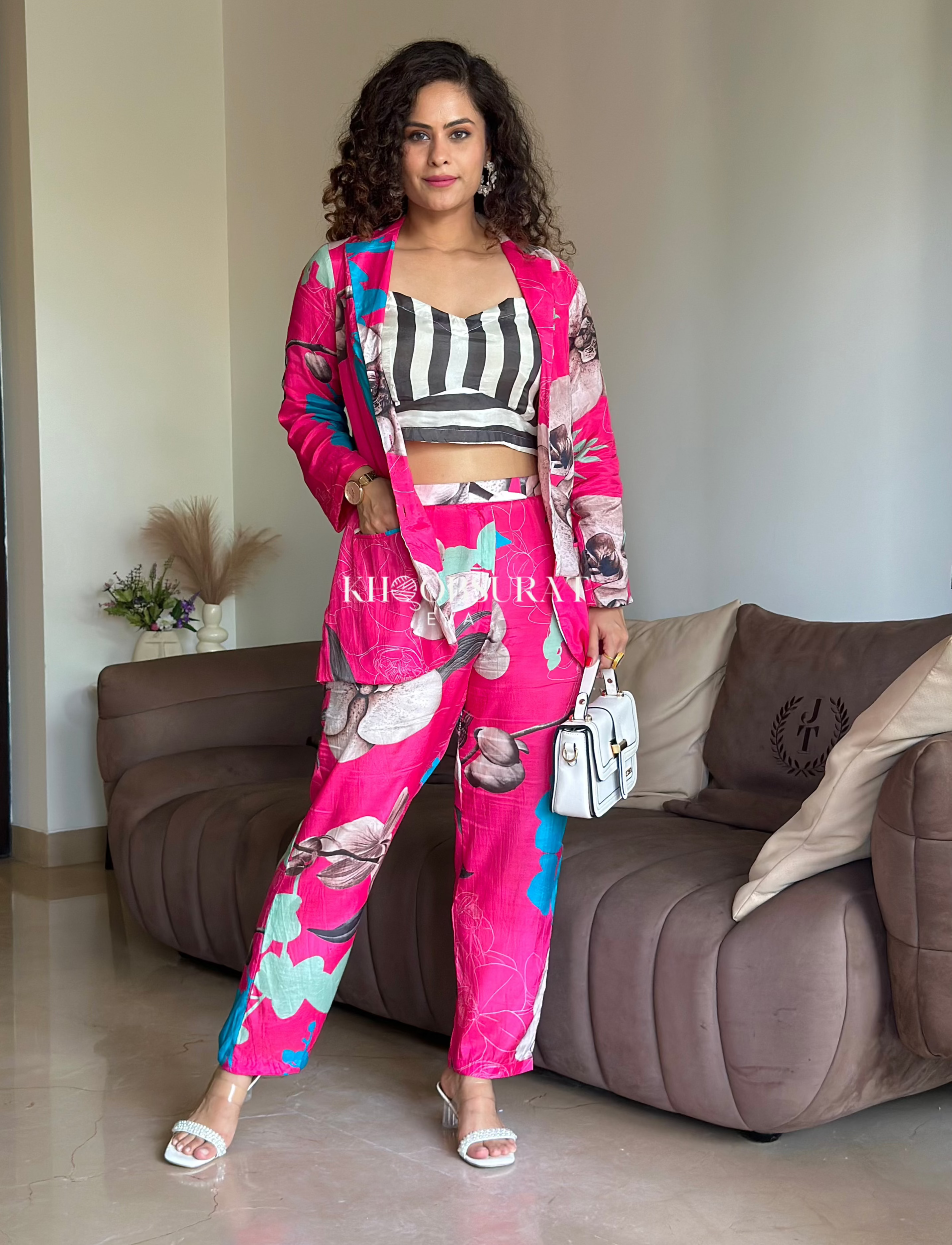 Stylish Pink Floral Blazer Coord Set for Women - Office Wear & Spring Outfits | Trendy Matching Jacket & Pants Suit