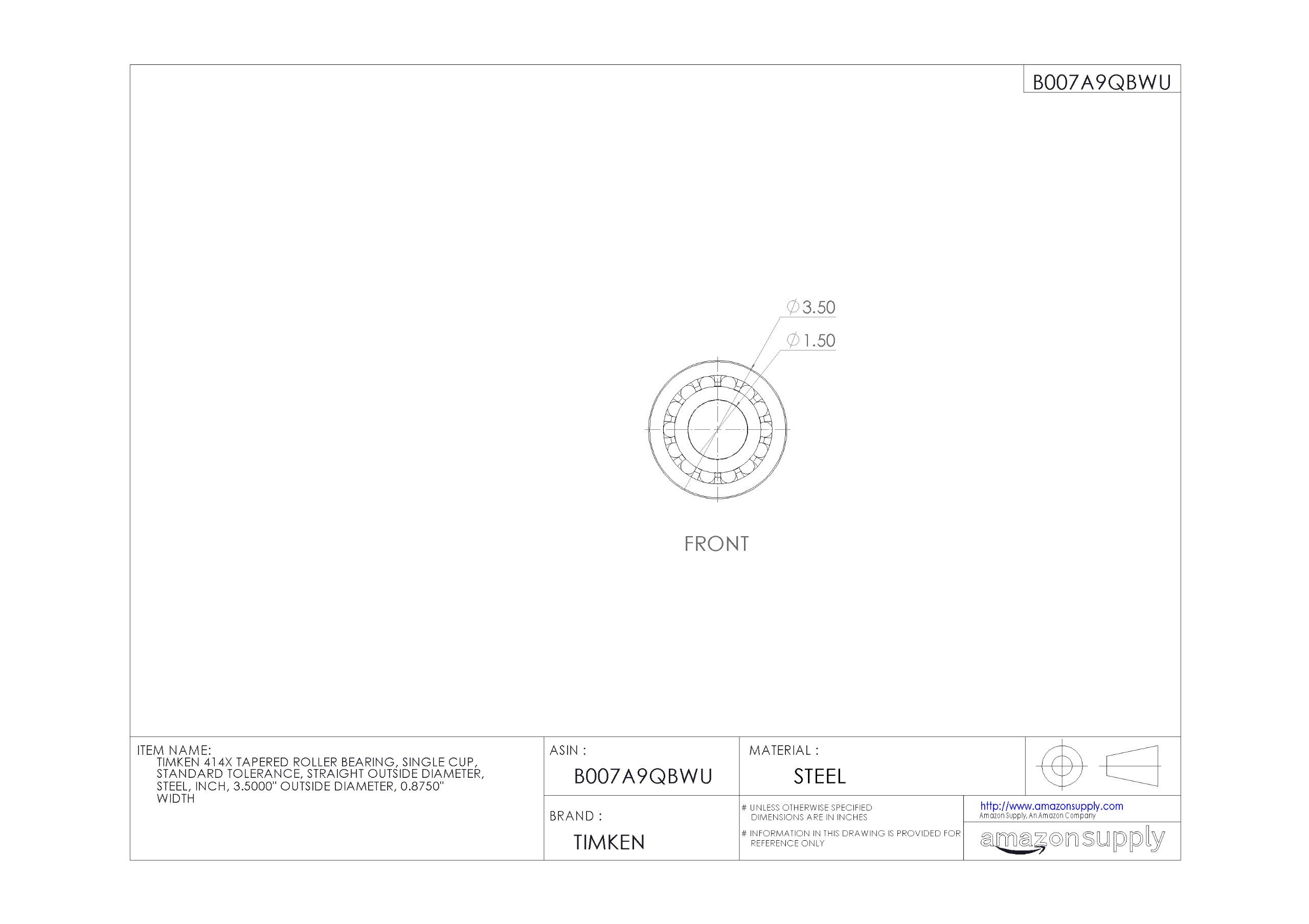 Timken 414X Tapered Roller Bearing - Single Cup, Standard Tolerance, Steel Construction, 3.5
