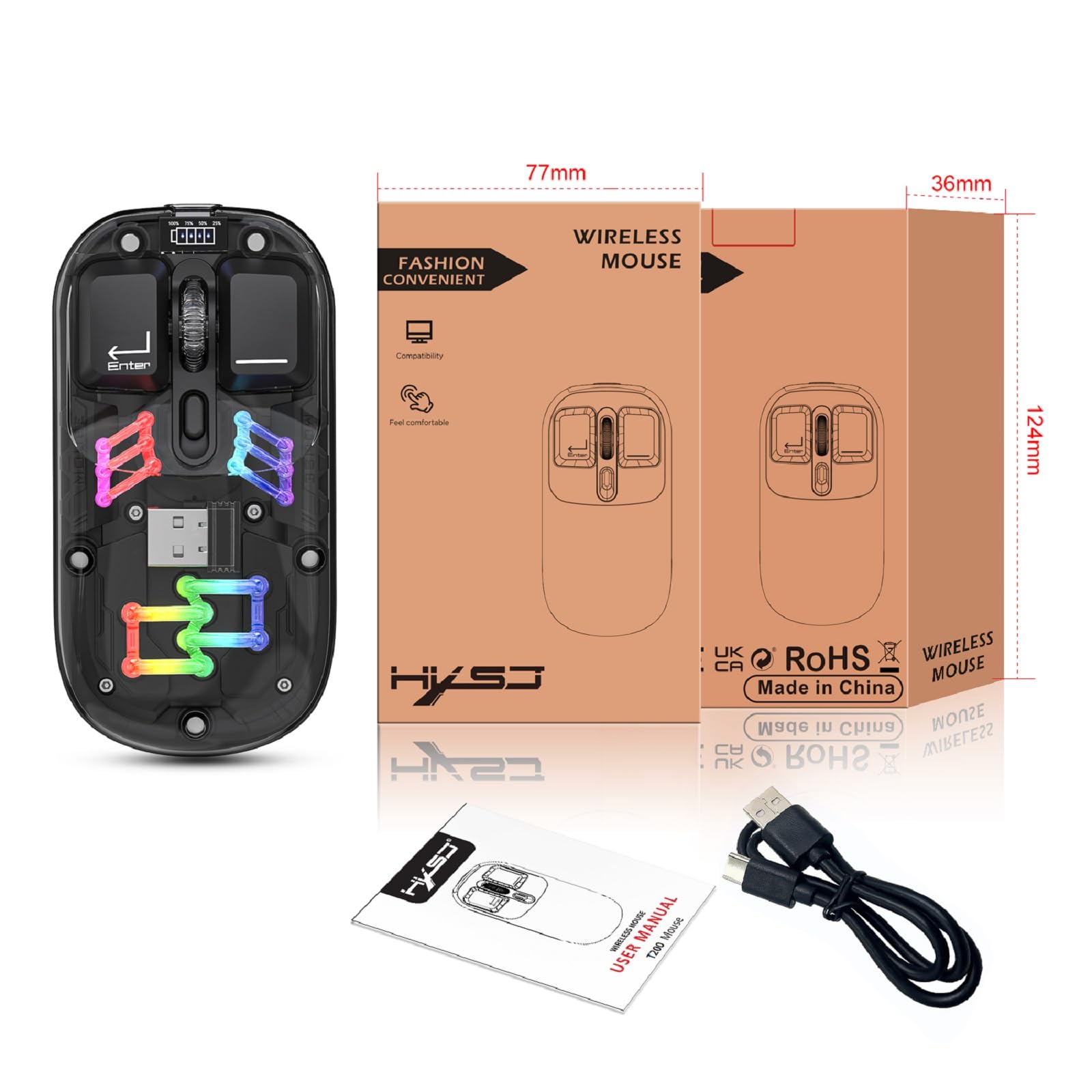 Wireless Bluetooth Mouse - Transparent BT & 2.4G Dual-Mode Gaming Mouse with Magnetic Cover, Rechargeable RGB Backlit for PC, Laptop, Mac - Perfect for Esports, Office Work & Travel (Black)