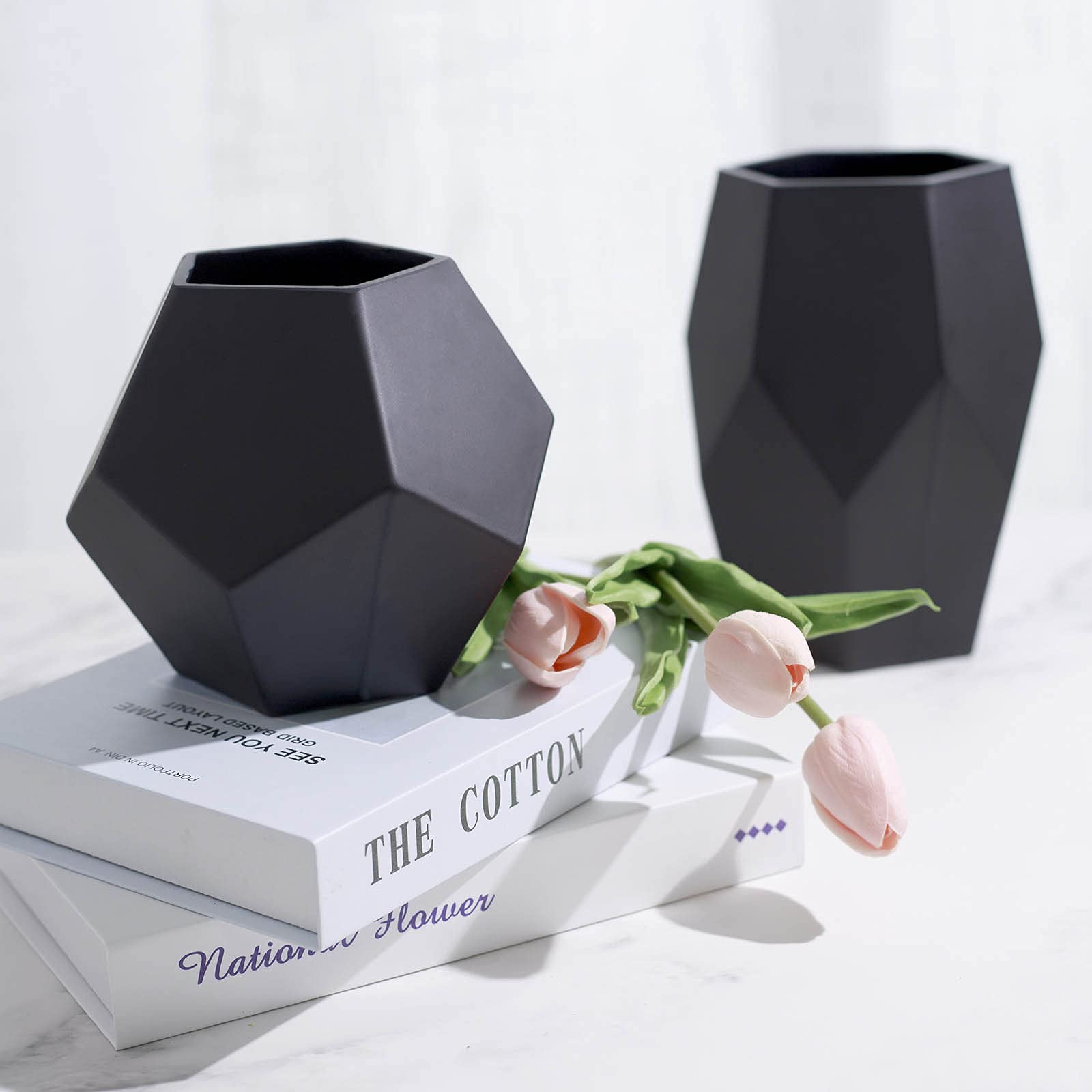 2 Pack Modern Glass Flower Vases - Geometric Art Decor for Home, Living Room, Kitchen, Wedding & Office Centerpiece - Perfect for Displaying Fresh Flowers, Candles or as Elegant Table Decor