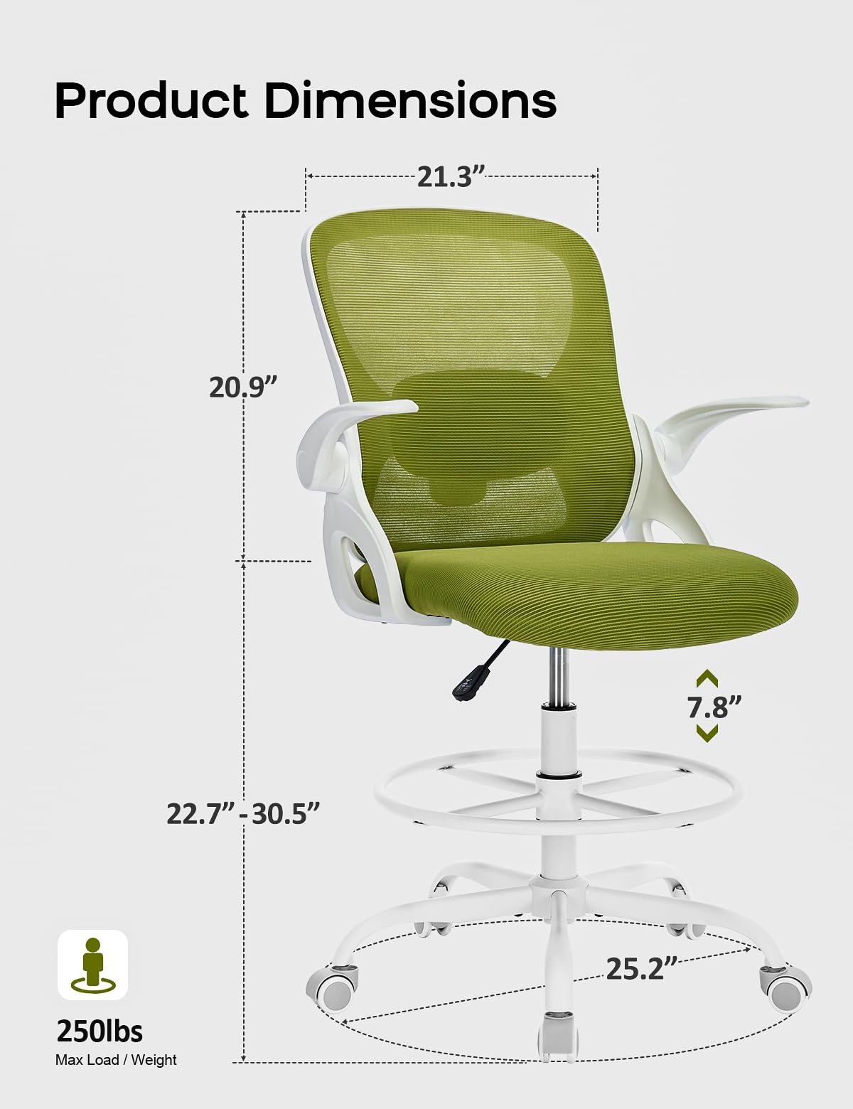Ergonomic Drafting Chair with Flip-Up Armrests & Adjustable Footrest - Tall Office Chair for Standing Desks - Comfortable Lumbar Support Computer Chair for Bar Height Workstations (White-Green) - Perfect for Architects, Artists, and Home Office Workspaces