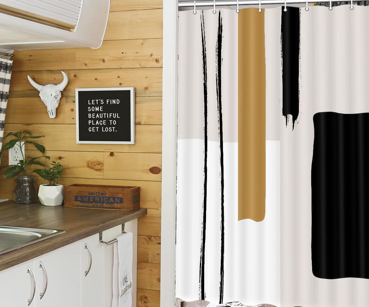 Abstract Modern Camper RV Shower Curtain for Travel Trailer Bathroom - Beige Camping Fabric Shower Curtain Set with Hooks (47x64 Inch) - Waterproof & Lightweight for Outdoor Adventures, RV Trips & Tiny Home Decor