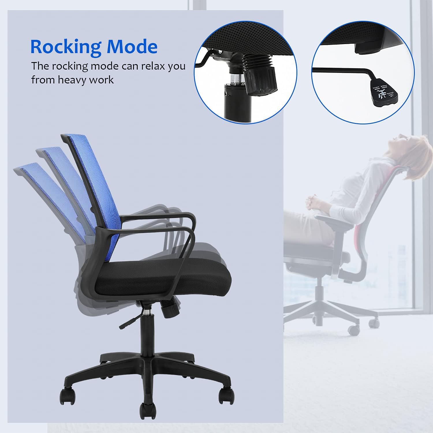 Ergonomic Office Chair with Lumbar Support - Adjustable Mesh Computer Desk Chair, Mid-Back Swivel Task Chair with Wheels & Armrests for Home Office, Modern Executive Chair (Blue) - Perfect for Long Work Hours, Gaming & Remote Work