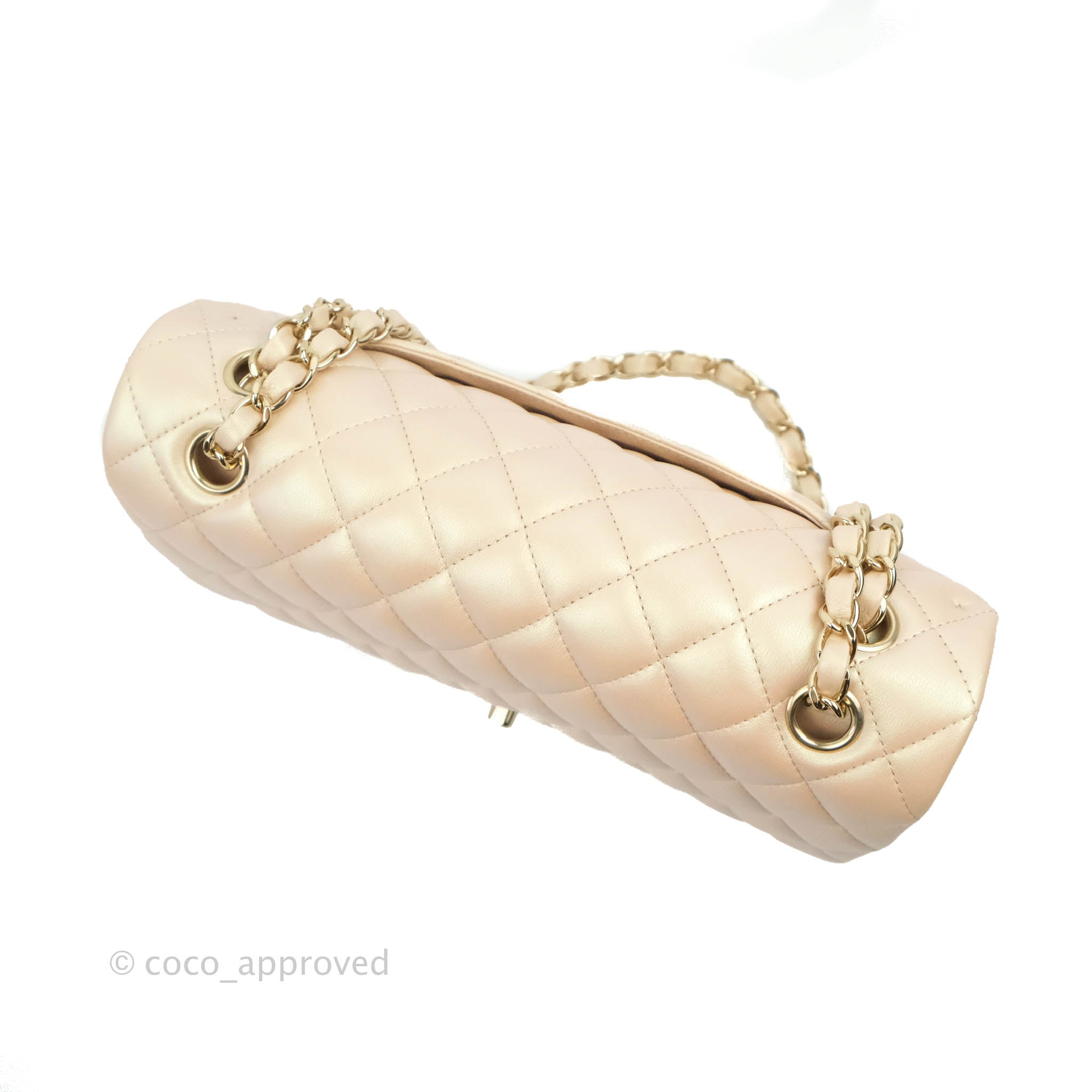 Chanel Classic Medium Double Flap Bag Iridescent Beige Calfskin Leather with Gold Hardware 21S Collection - Perfect for Luxury Everyday Use & Special Occasions