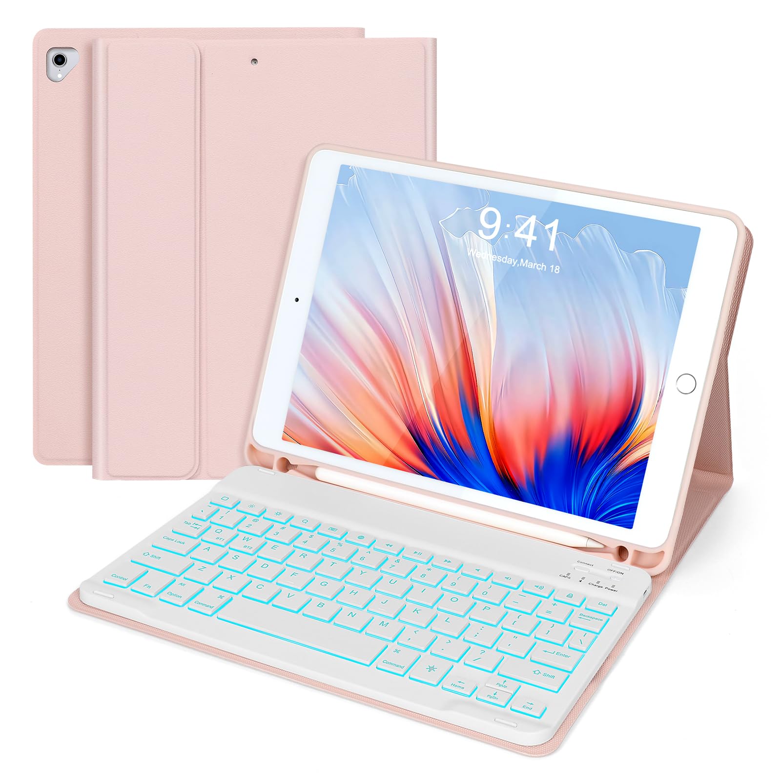 Eocean Bluetooth Keyboard Case for iPad 9.7 Inch (6th/5th Gen 2018/2017, iPad Air 2, iPad Pro 9.7 2016) - Detachable Backlit Keyboard with 7 Colors, 2 Bluetooth Channels, Stain-Resistant Protective Cover in Pink - Perfect for Work, Study & Travel