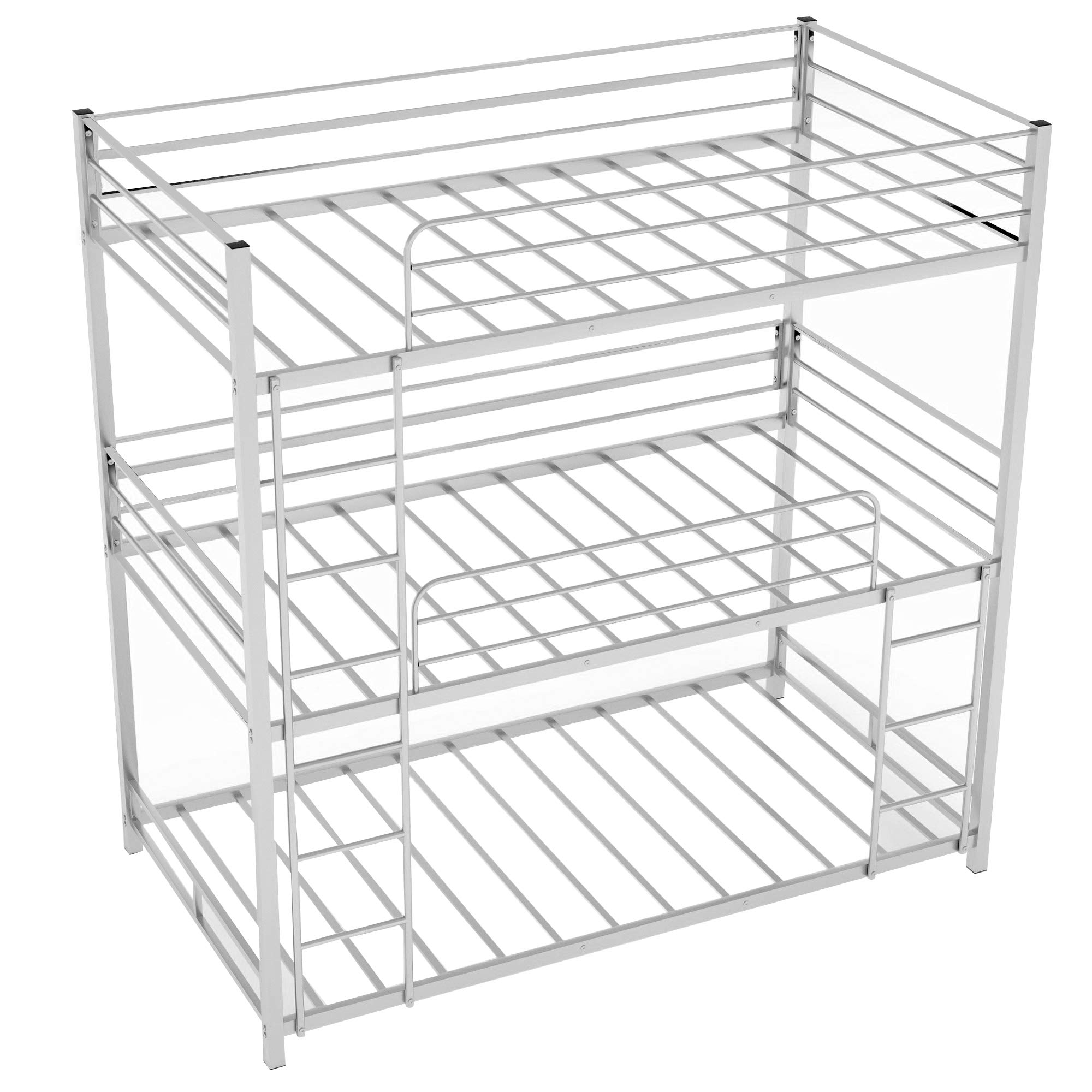 Sturdy Metal Triple Bunk Bed Frame - Twin Over Twin Over Twin with Safety Guardrails & Built-in Ladder for Kids & Teens (Silver) - Perfect for Small Bedrooms, Dormitories & Vacation Homes