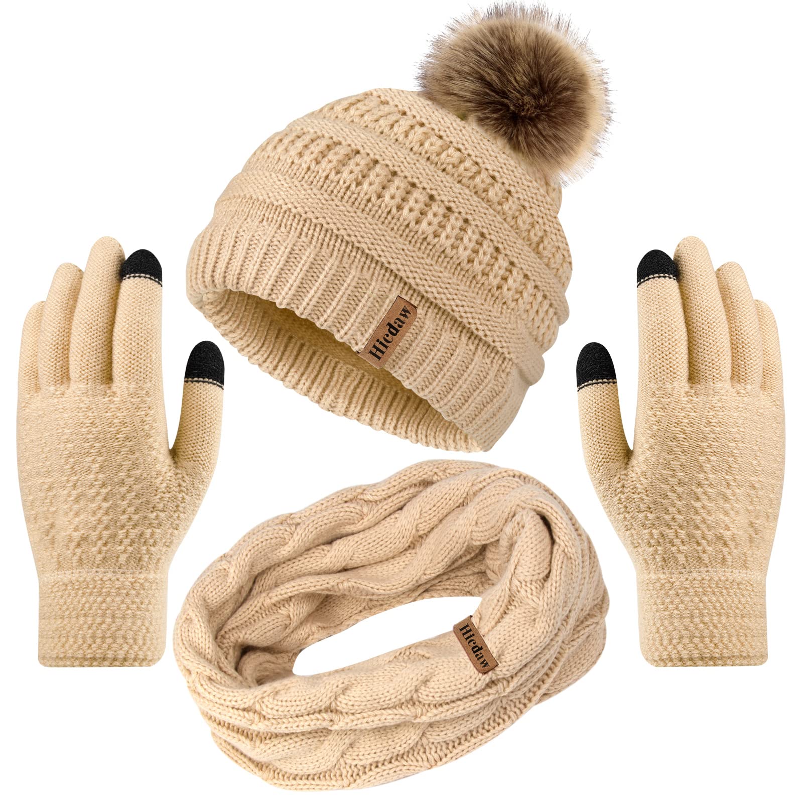 Hicdaw Women's Winter Hat Gloves Scarf Set - Soft Knit Beanie Hat, Warm Circle Loop Scarf & Cozy Gloves for Cold Weather - Perfect for Snowboarding, Skiing & Outdoor Activities