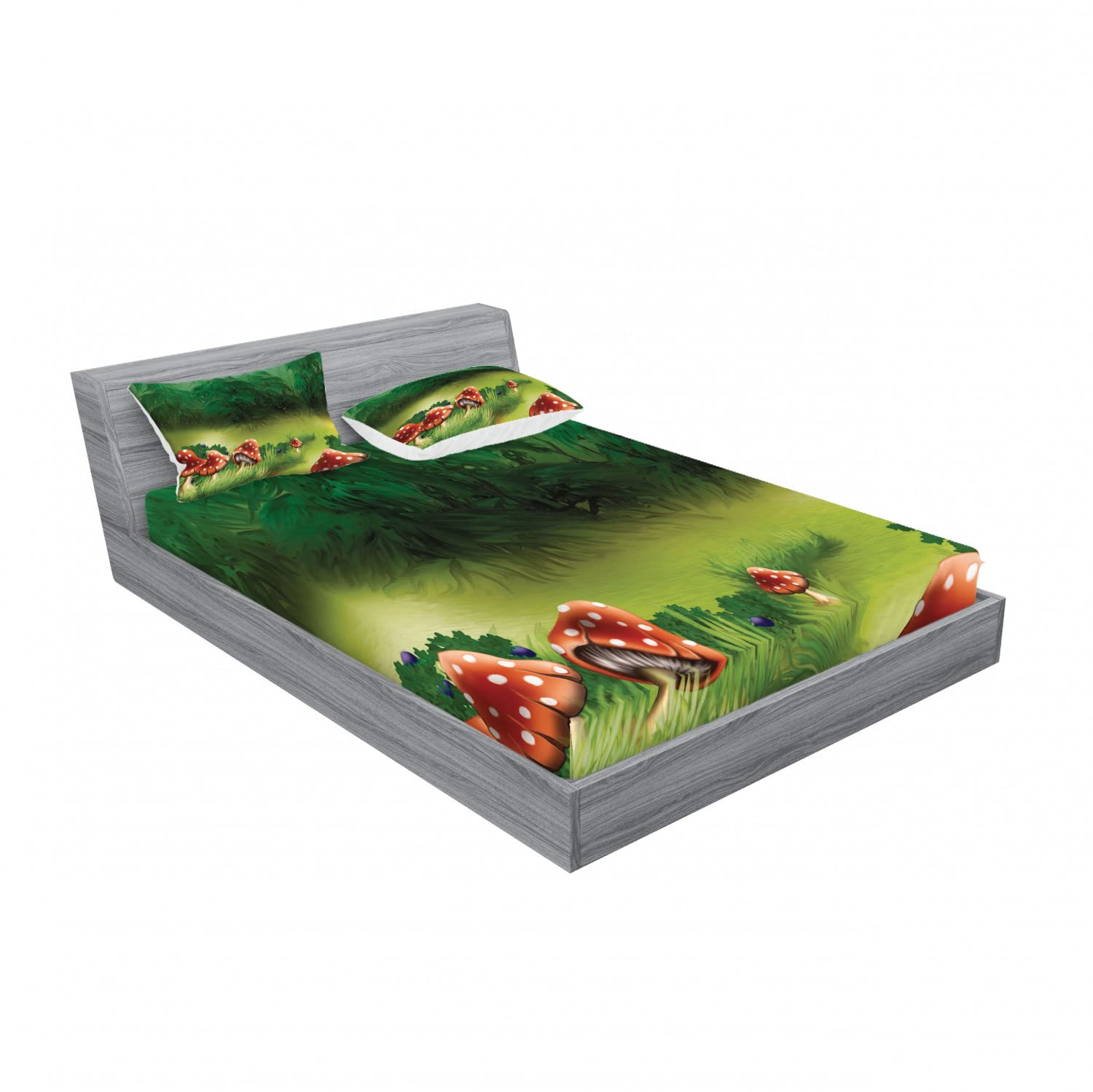 Ambesonne 2-Pack Queen Size Fitted Sheet Set with 4 Pillow Shams - Wild Mushroom Magic Wonderland Bedding in Apple & Fern Green - Soft Microfiber Sheets for Cozy Bedroom Decor, Guest Room & Dorm Essentials