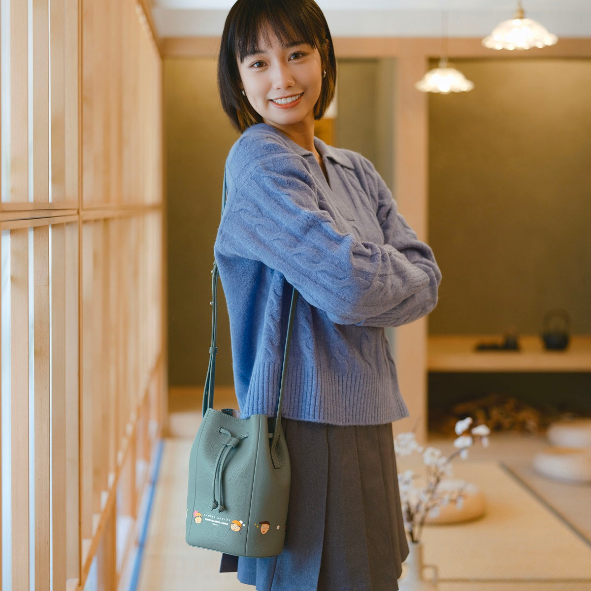 Samuel Ashley x Chibi Maruko Chan Genuine Leather Bucket Bag for Women | Cute Anime Crossbody Purse | Perfect for Daily Use, Travel & Cosplay