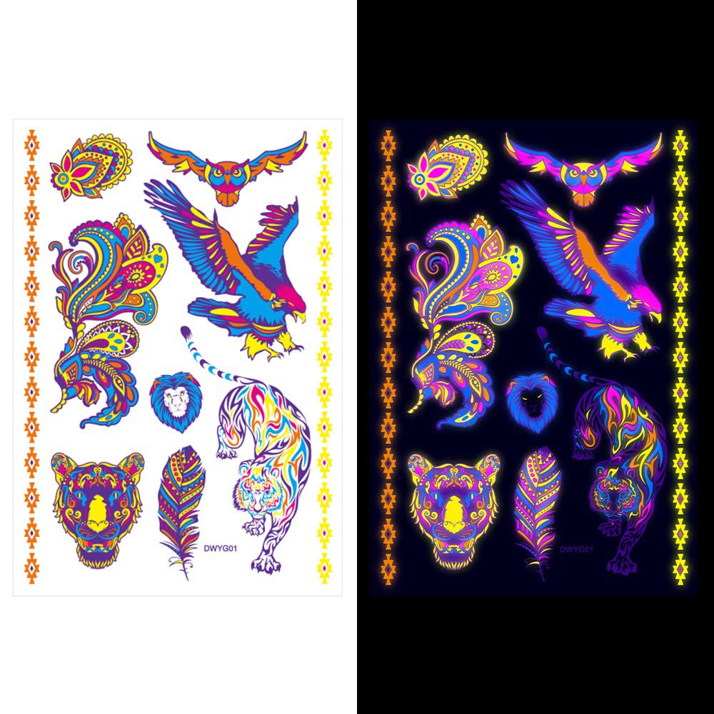Glow in the Dark UV Neon Temporary Tattoos - Waterproof Fake Tattoo Stickers for Women, Men & Kids (Eagle, Lion, Tiger, Armband Designs) - 21x15cm Body Art for Parties, Festivals & Cosplay