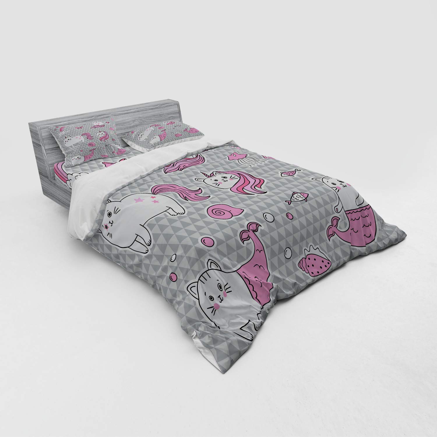 Ambesonne Unicorn Cat Duvet Cover Set - 4 Piece Queen Size Bedding with Shams & Fitted Sheet, Grey Pale Pink White Underwater Theme | Perfect for Kids' Bedrooms, Fantasy Themed Decor & Unique Gift Ideas