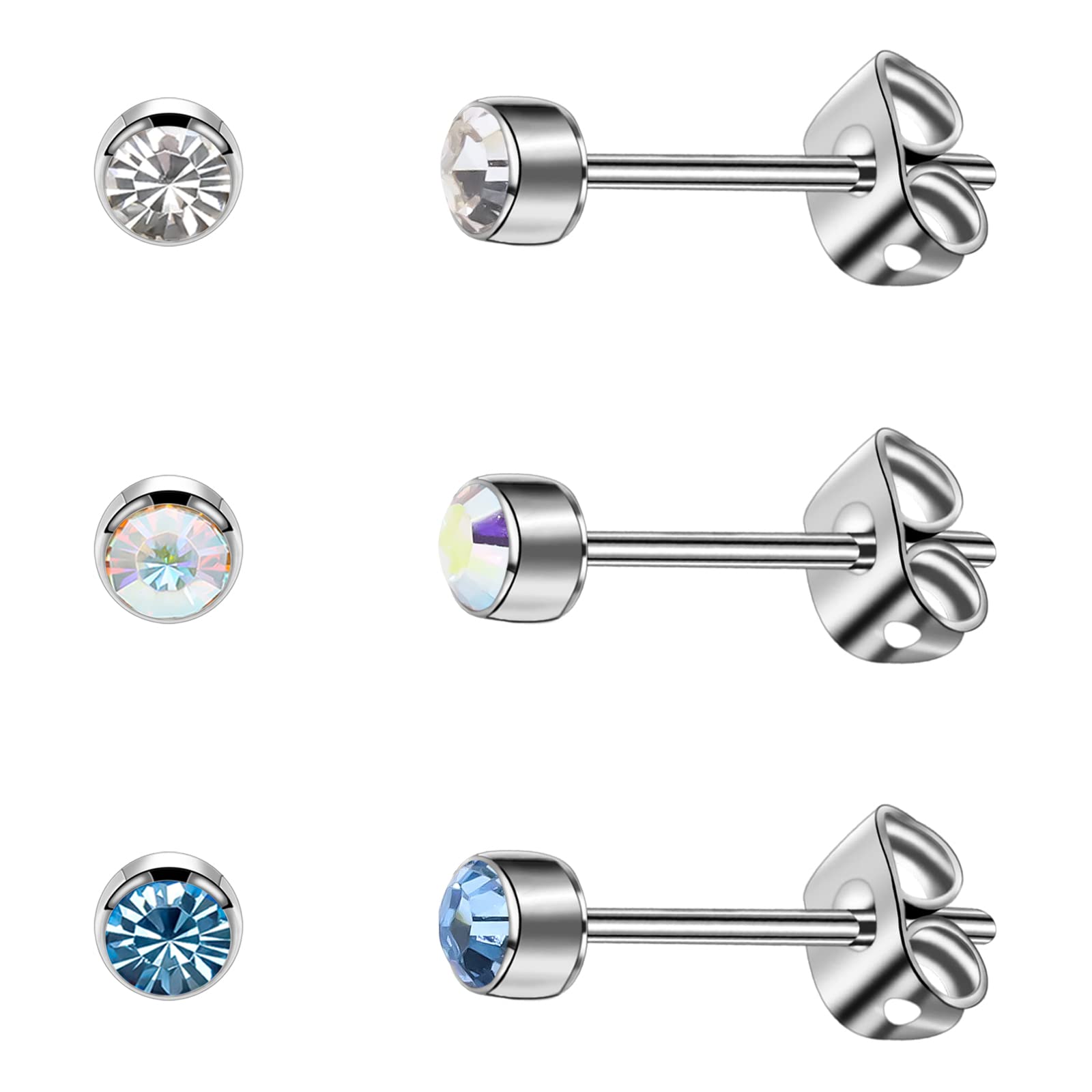 3 Pairs Hypoallergenic Titanium Stud Earrings for Women & Men - 4mm/5mm Crystal Earrings in Silver, Black, Rose Gold & Gold Plated - Perfect for Everyday Wear, Gifts & Special Occasions