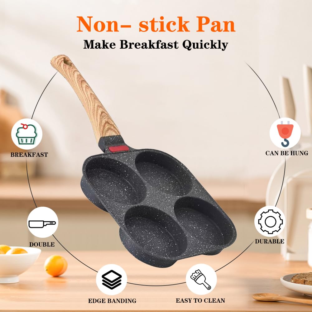 CEWROM Nonstick Pancake Pan with 4 Molds - Aluminum Frying Pan for Eggs, Burgers, Steaks & Omelets - Compatible with Gas & Induction Stoves - Perfect for Breakfast, BBQ, and Home Cooking