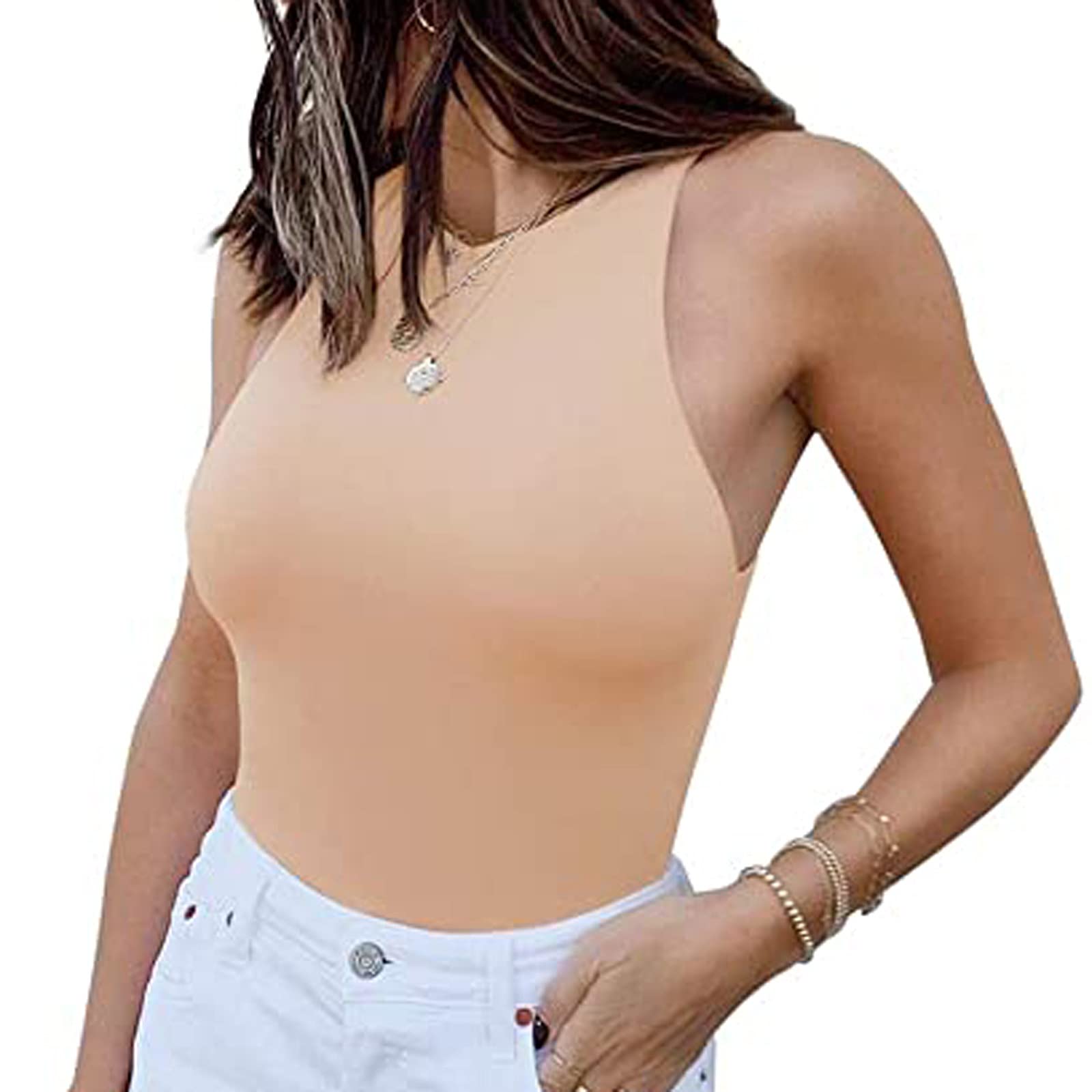 Kanzd Women's Sexy Sleeveless Racerback Halter Neck Bodysuit - Solid Color Jumpsuit Tank Top Vest for Yoga, Gym, Beach & Summer Outfits