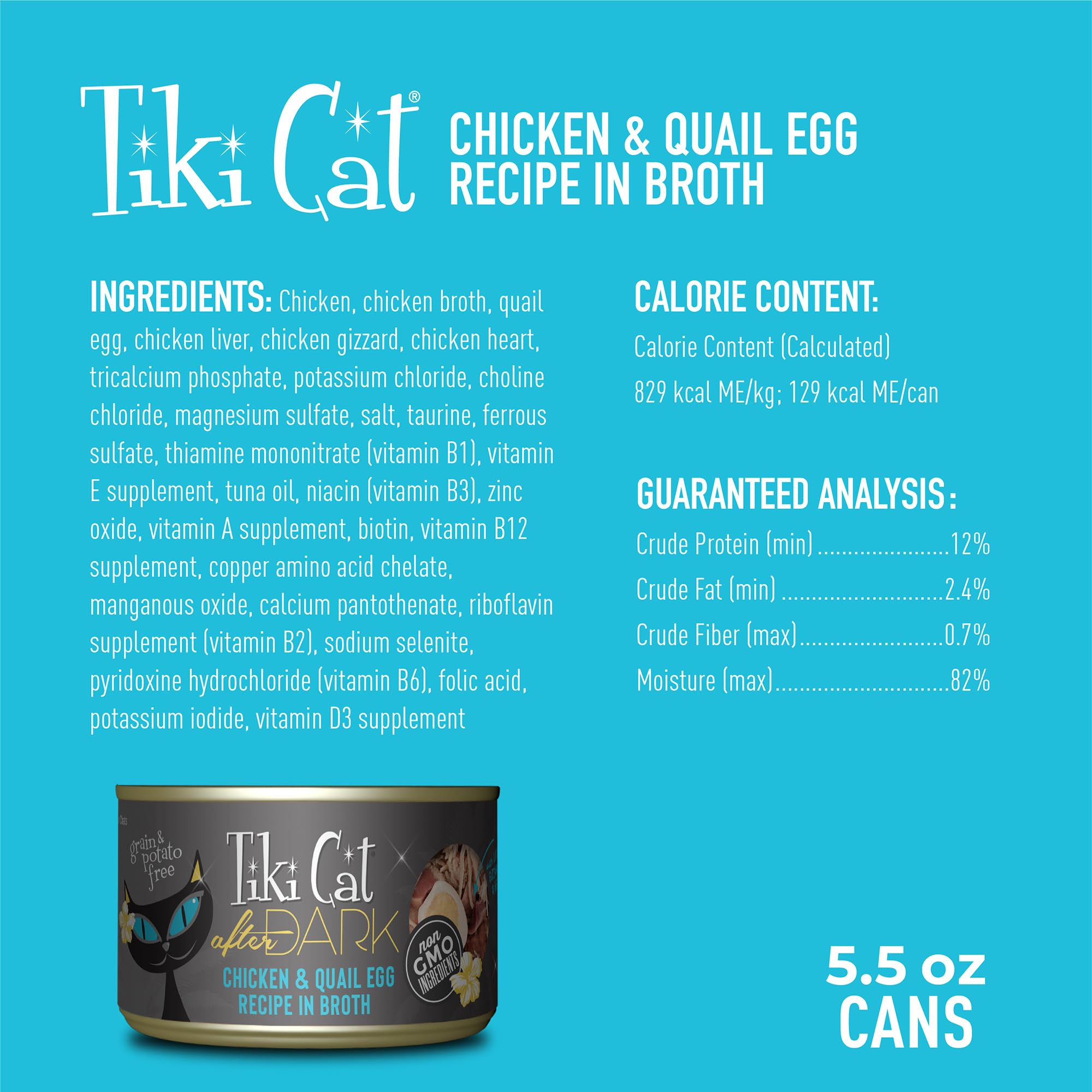 Tiki Cat After Dark High-Protein Wet Cat Food - Chicken & Quail Egg Recipe with 100% Non-GMO Ingredients for Adult Cats, 5.5 oz Cans (8-Pack) - Perfect for Indoor Cats & Weight Management