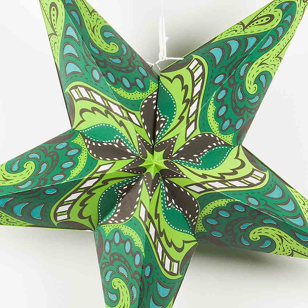 24 Green Paisley Paper Star Lanterns - Elegant Hanging Decor for Weddings, Parties & Home - Perfect for Indoor/Outdoor Celebrations & Boho Chic Room Decor