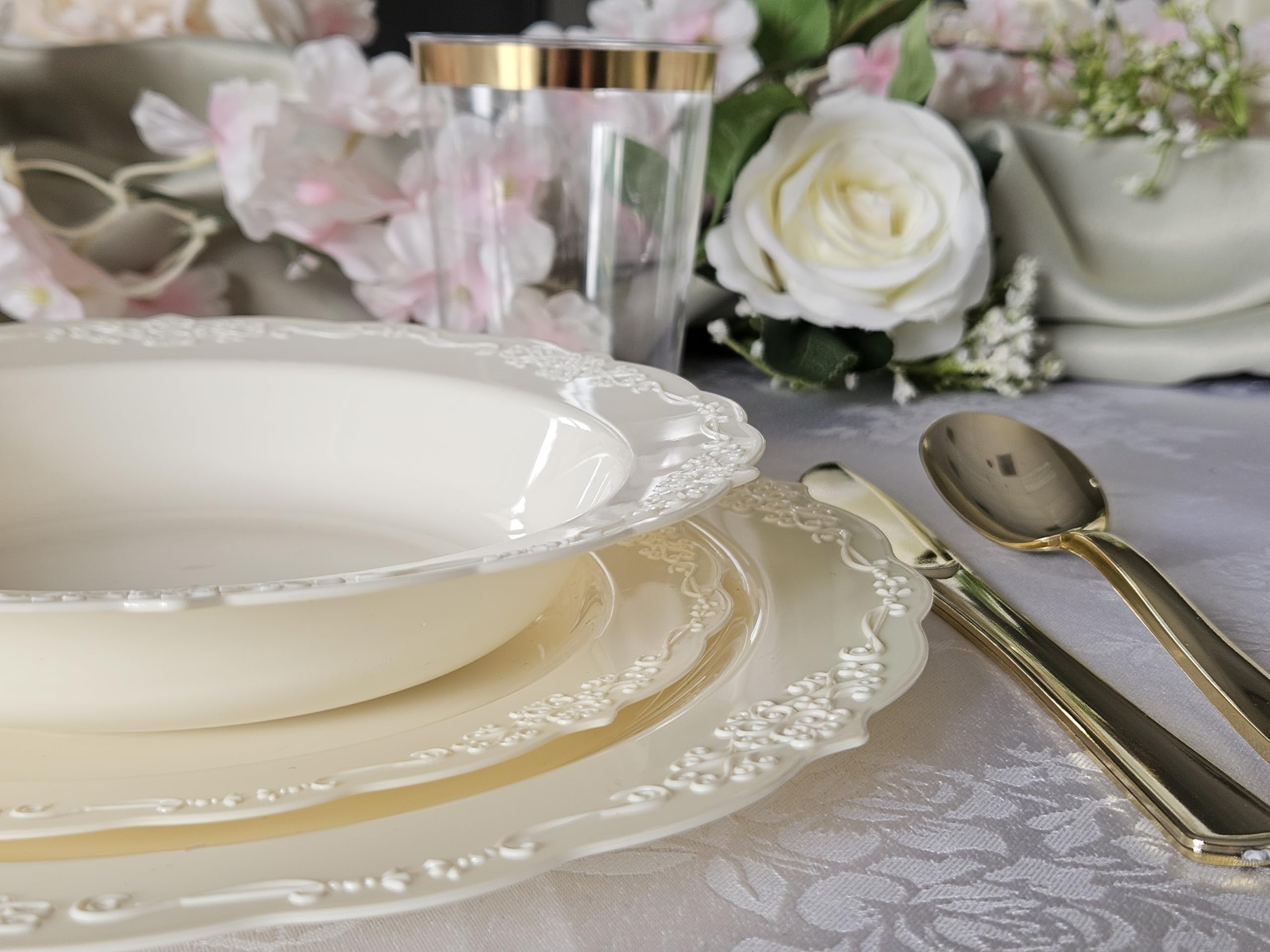 240-Pack Disposable Plastic Plates - 10 Inch Ivory Dinner Plates for Weddings, Parties & Events | Elegant Verona Plain Design | Bulk Disposable Tableware for Catering, BBQs & Special Occasions