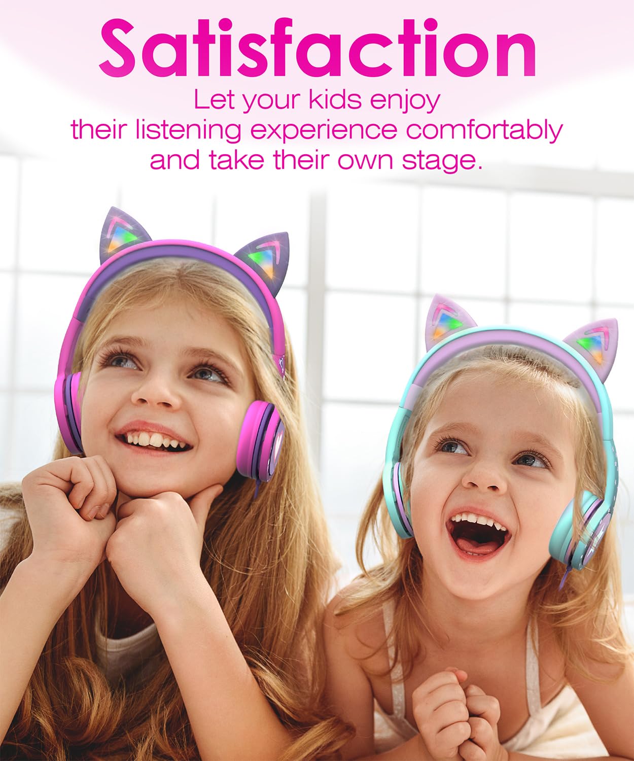 FosPower Kids Headphones with LED Cat Ears - 85dB Safe Volume Limit, 3.5mm Wired On-Ear Headphones with Tangle-Free Cable for iPad, Tablet, School & Travel (Hot Pink/Purple) - Perfect for Online Learning, Airplane Rides & Home Entertainment