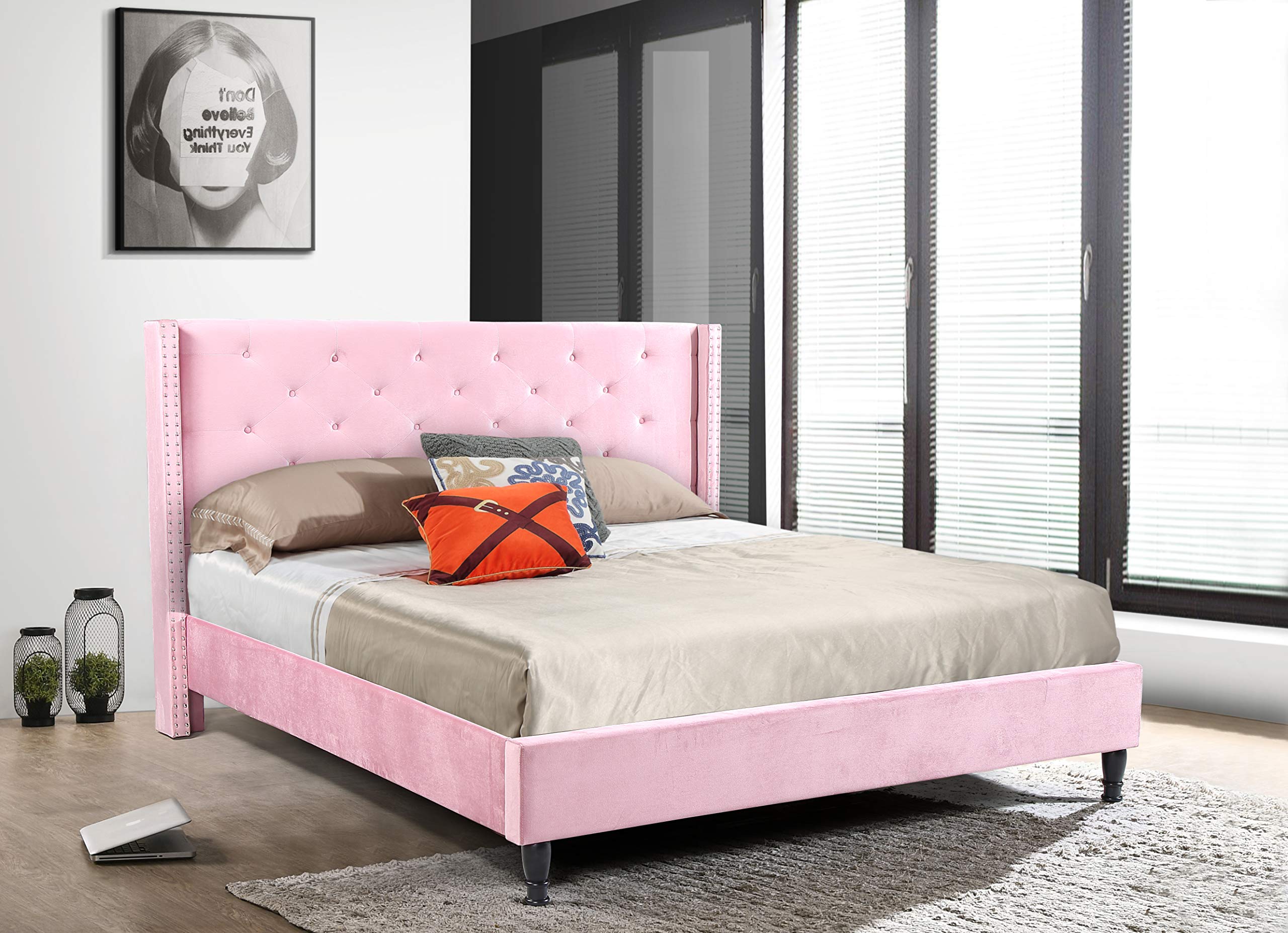 Luxury Suede Upholstered Queen Size Platform Bed with Pink Fabric - Perfect for Modern Bedrooms & Master Suites