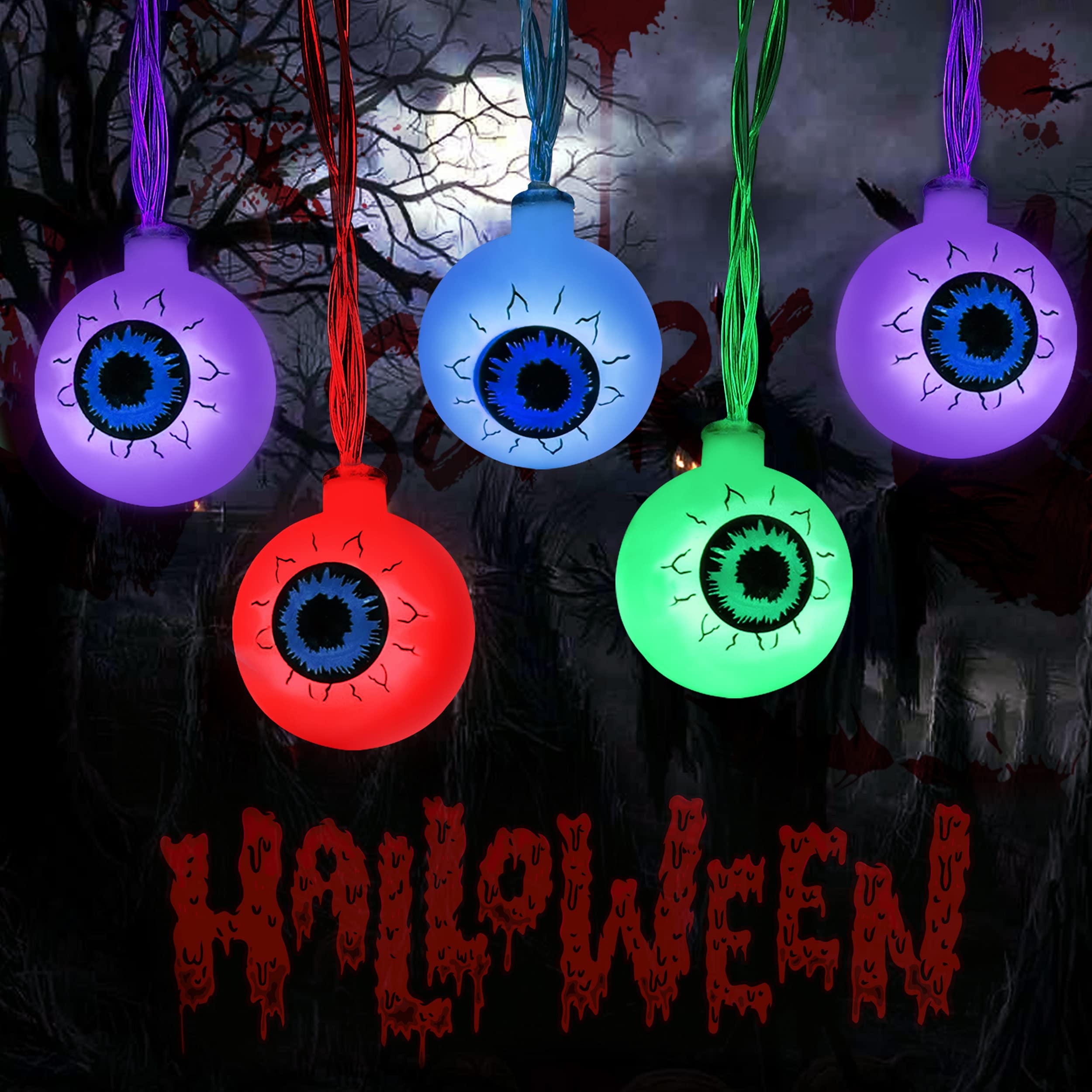 JMEXSUSS 30 LED Halloween String Lights - Battery Operated with Remote, 8 Lighting Modes, Waterproof Eyeball Design for Indoor & Outdoor Decor - Perfect for Halloween Party, Fireplace, Yard, and Porch Decorations (Multicolor)