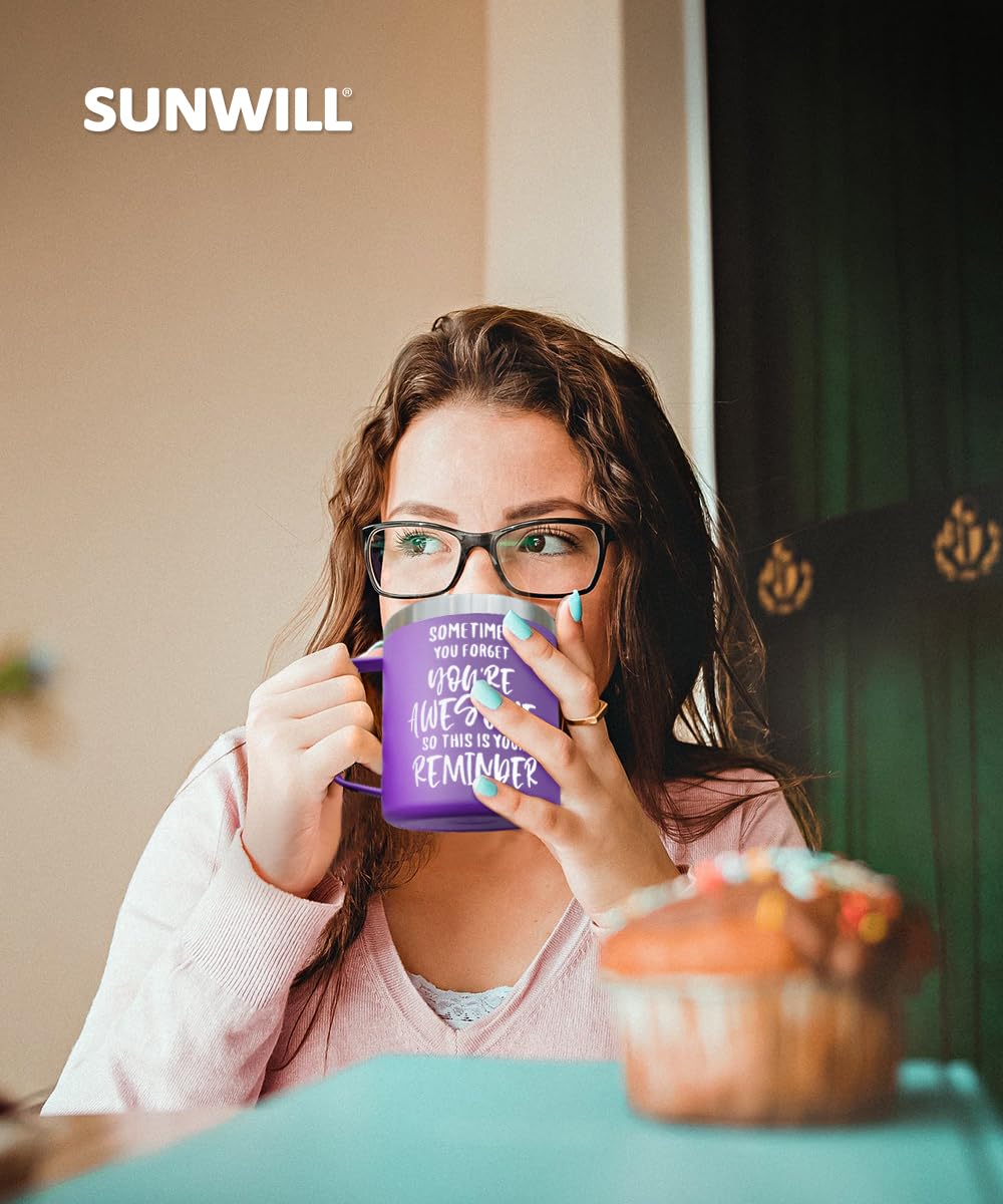SUNWILL 14oz Insulated Stainless Steel Coffee Mug with Lid - Leakproof Travel Tumbler for Hot & Cold Drinks, Motivational Quote 