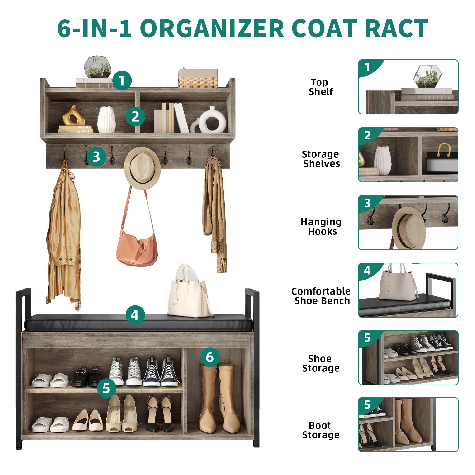 YITAHOME Industrial Hall Tree with Bench - Wall Mount Coat Rack & Shoe Storage Organizer for Entryway, Hallway - Grey | Space-Saving Entryway Solution for Small Homes & Apartments