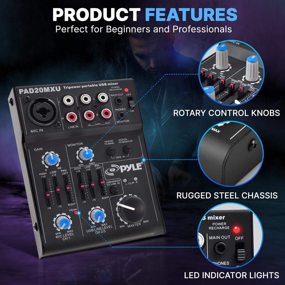 Professional Compact DJ Mixer - USB Audio Interface for Live Mixing & Music Production | Perfect for Home Studios, Clubs & DJ Performances