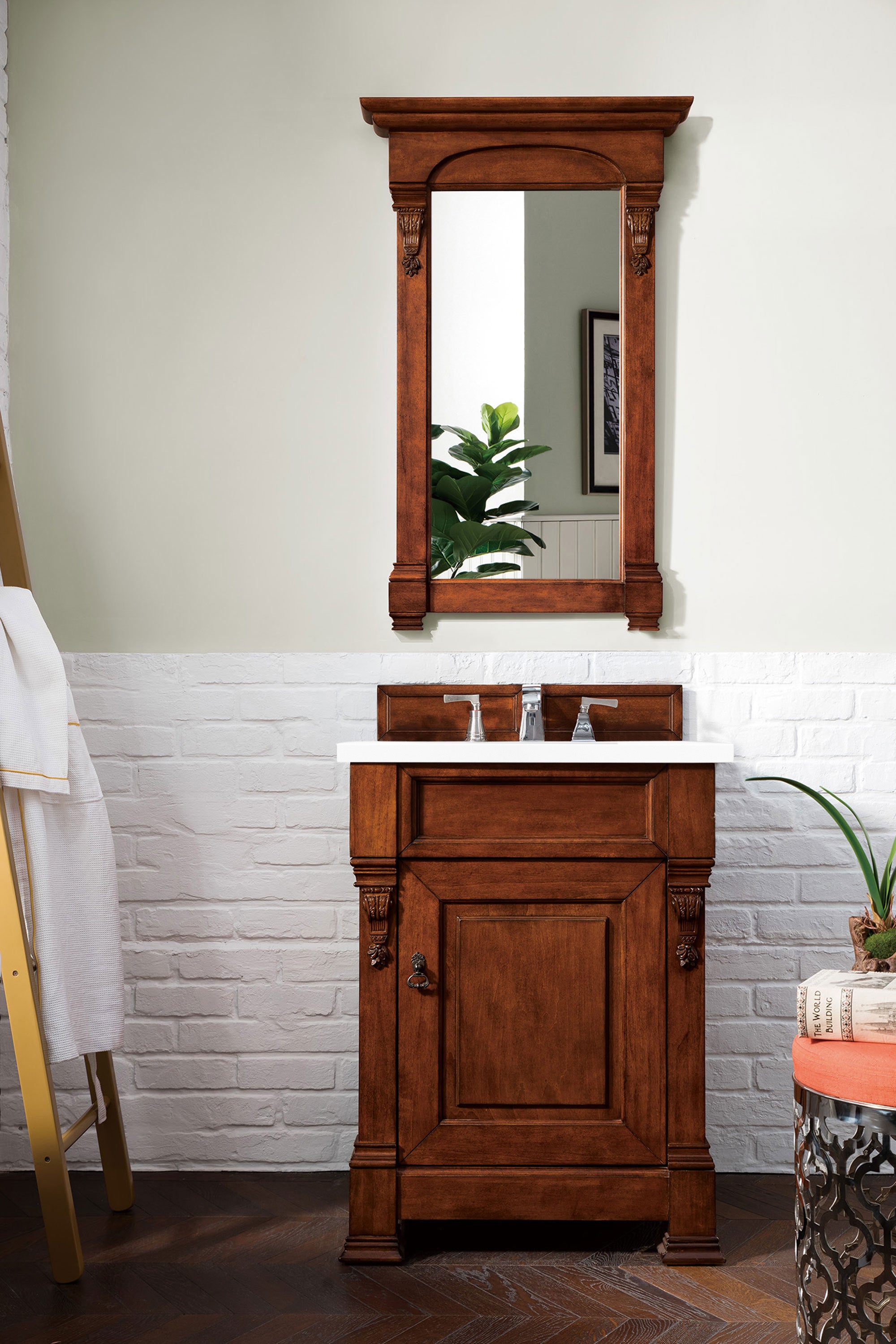 Brookfield 26 Inch Single Bathroom Vanity with Warm Cherry Finish & 3CM Classic White Quartz Countertop - Perfect for Modern & Traditional Bathroom Remodels