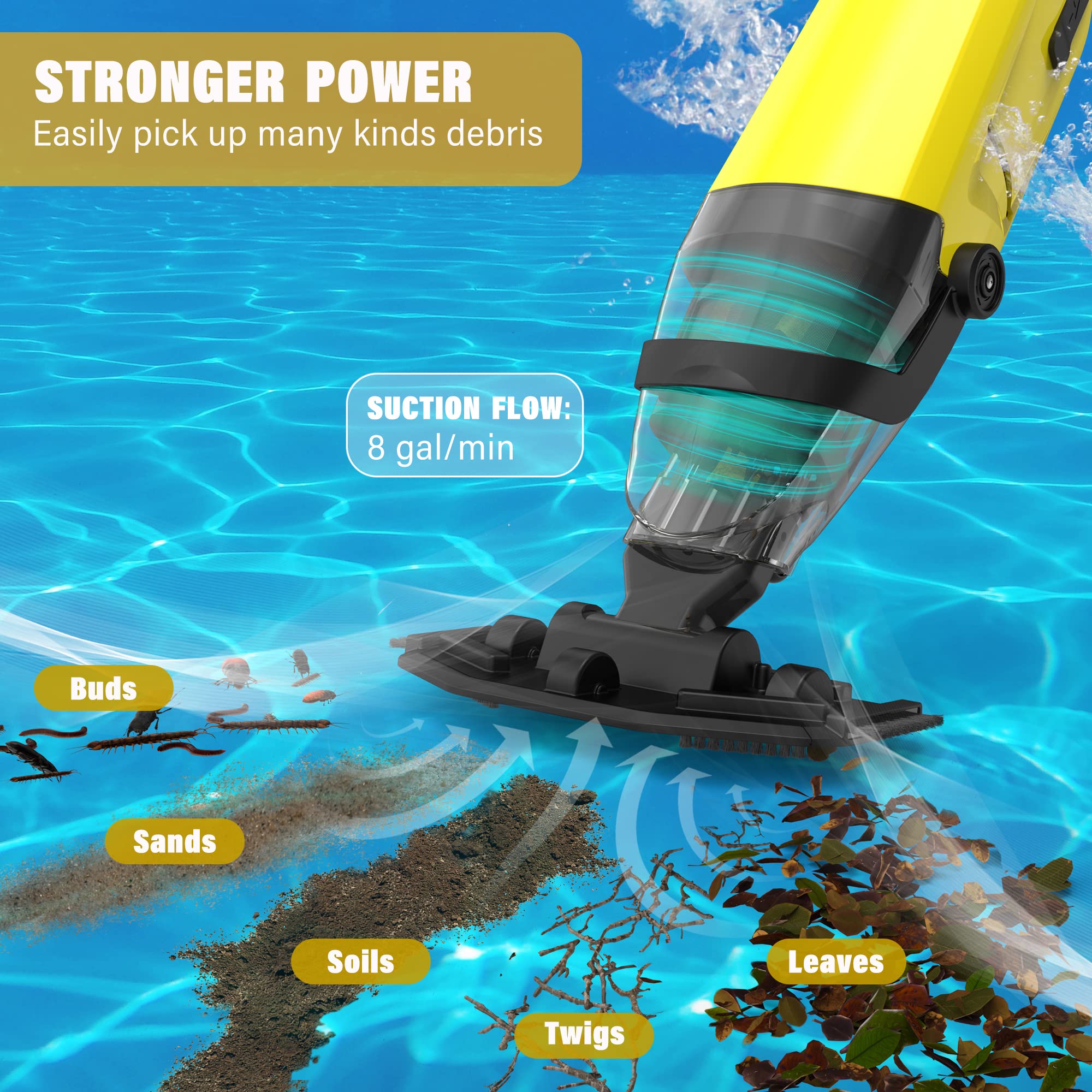 Rechargeable Cordless Electric Handheld Pool Vacuum Cleaner for Above Ground Pools, Hot Tubs & Small Swimming Pools - Lemon Yellow | Portable Spa & Bathtub Cleaner for Quick Debris Removal
