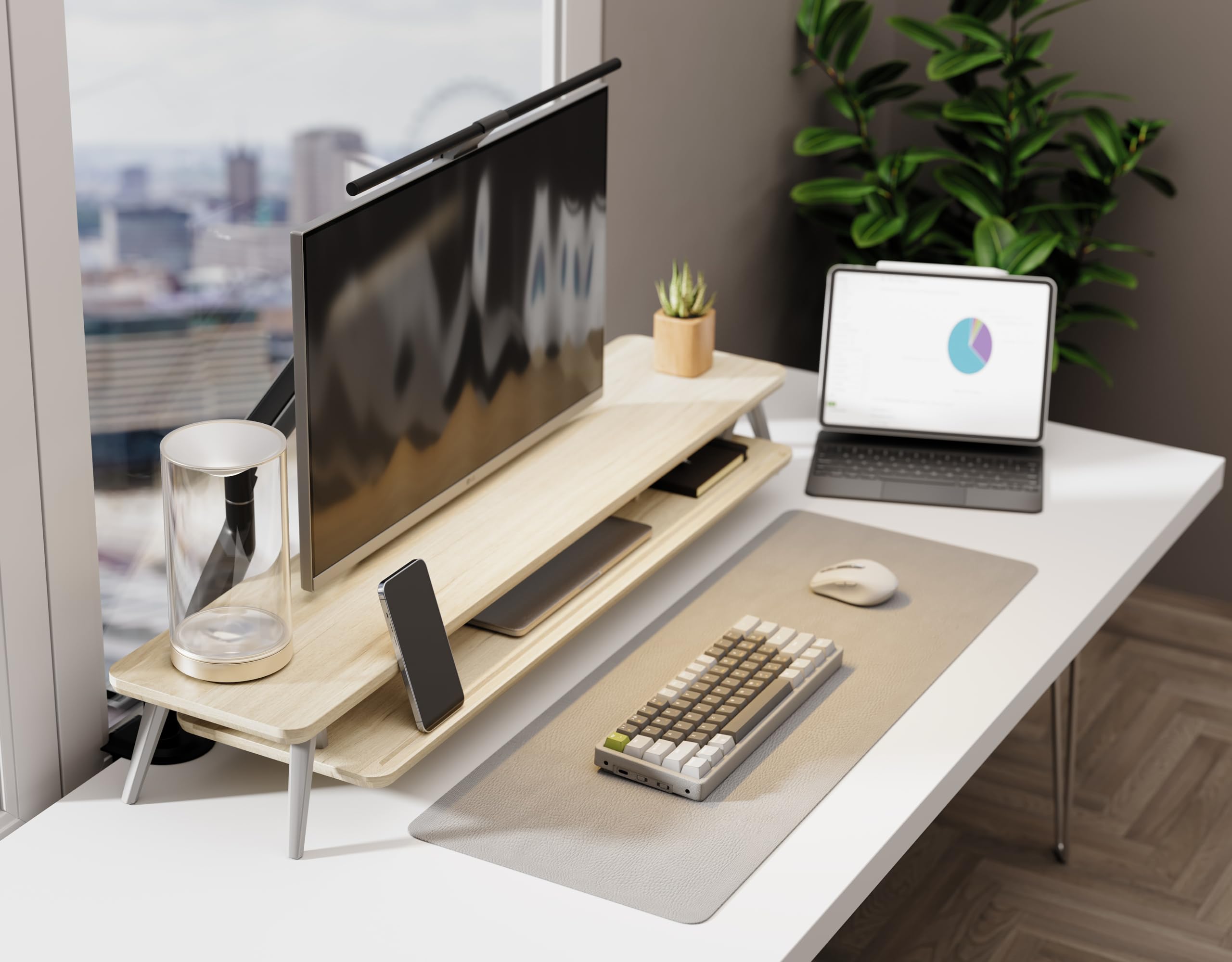 Dual Monitor Stand for 2 Screens - 42.5 Inch Wooden Desk Shelf with Storage Organizer & Cable Management | Office Desk Accessories for Home & Workspace Organization