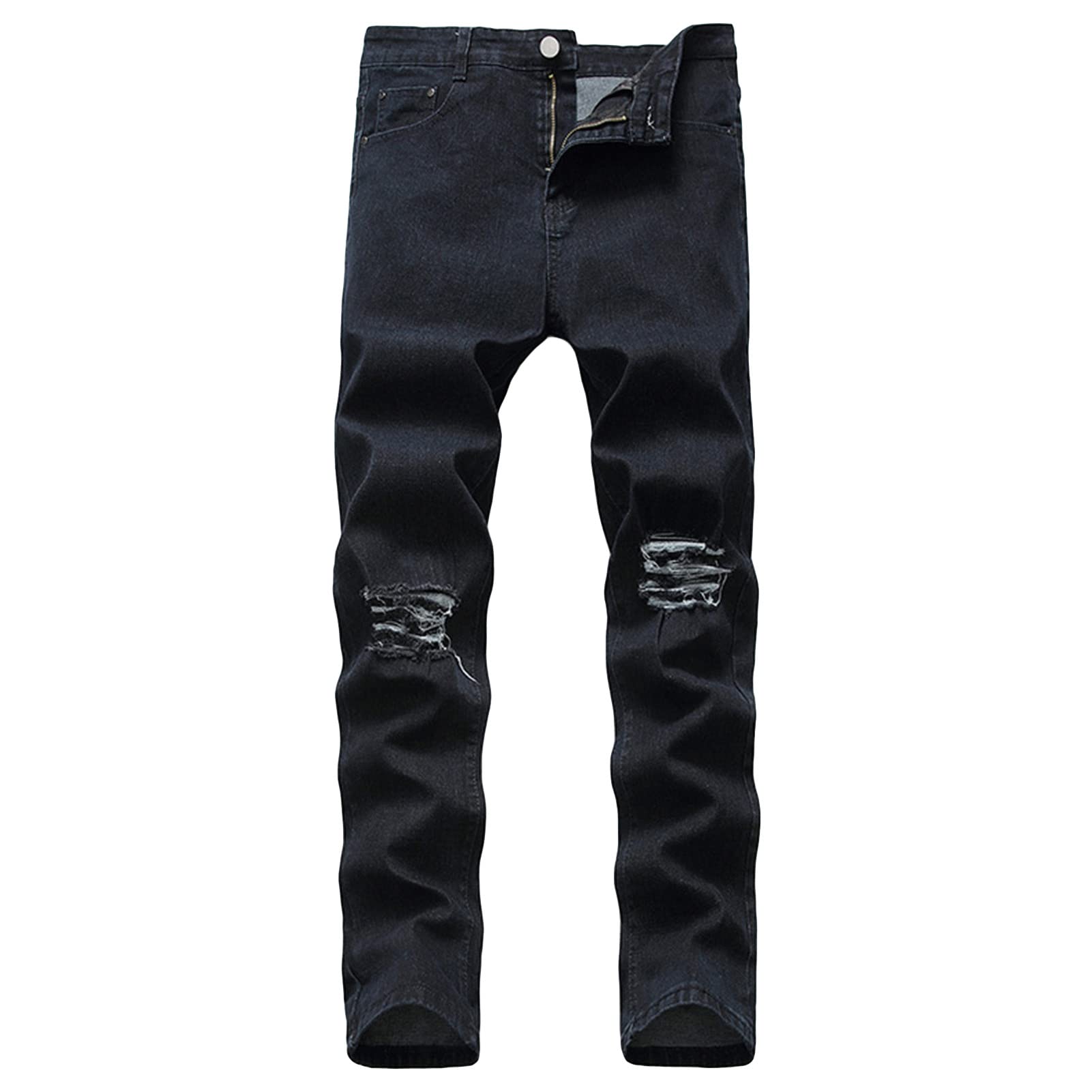 DGKaxiyaHM Men's Slim Fit Ripped Knee Distressed Denim Jeans - Black Hole Washed Mid Waist Casual Pants with Zipper (Size 40) | Perfect for Streetwear, Night Out & Urban Fashion