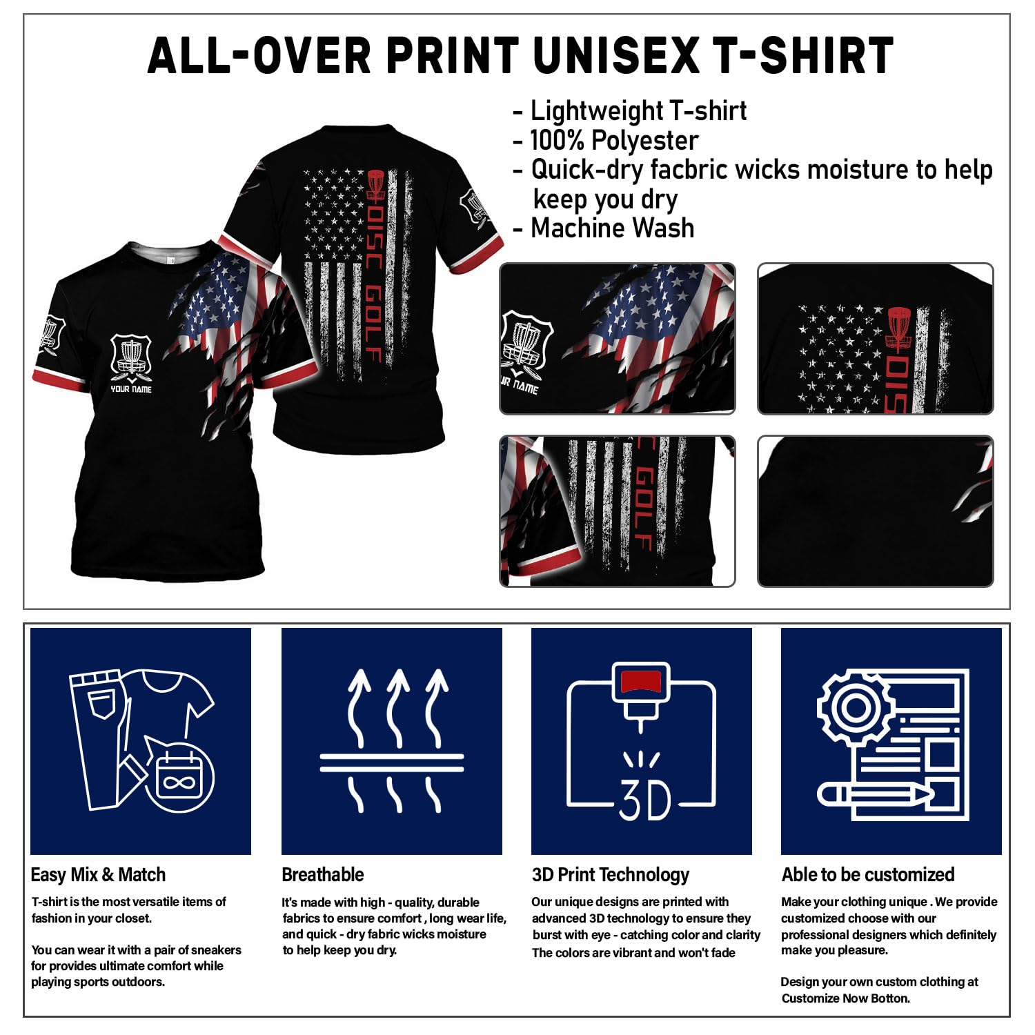 Custom 3D Printed Disc Golf T-Shirts for Men - Personalized All Over Print Tees Sizes S-5XL | Perfect for Tournaments, Casual Wear & Disc Golf Enthusiasts
