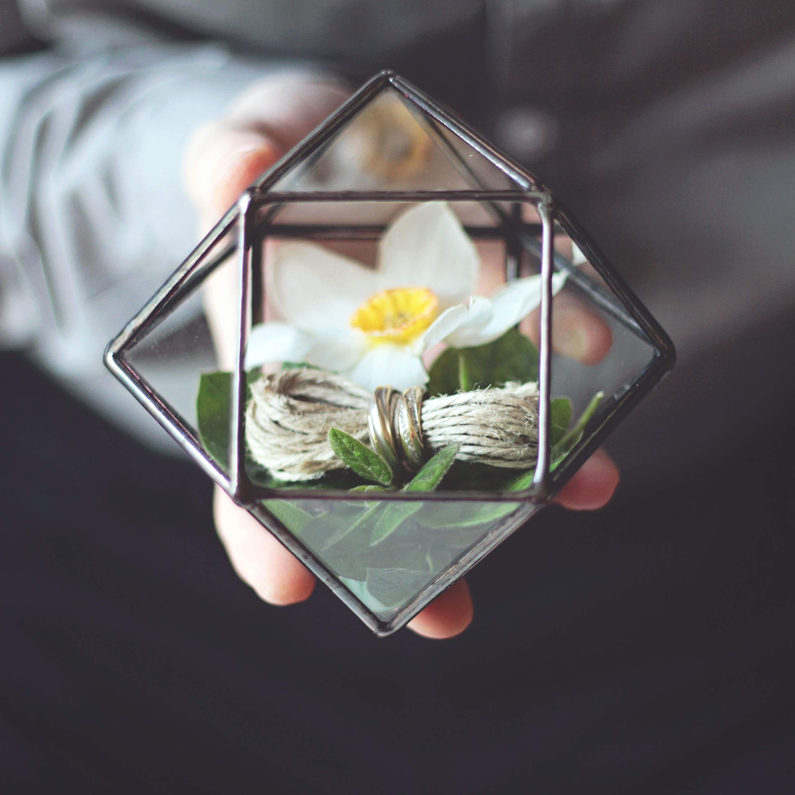 Elegant Clear Glass Geometric Wedding Ring Box - Proposal Ring Bearer Box for Ceremony Decor | Cuboctahedron Design in Copper, Silver & Black | Perfect for Engagement, Vows & Romantic Moments