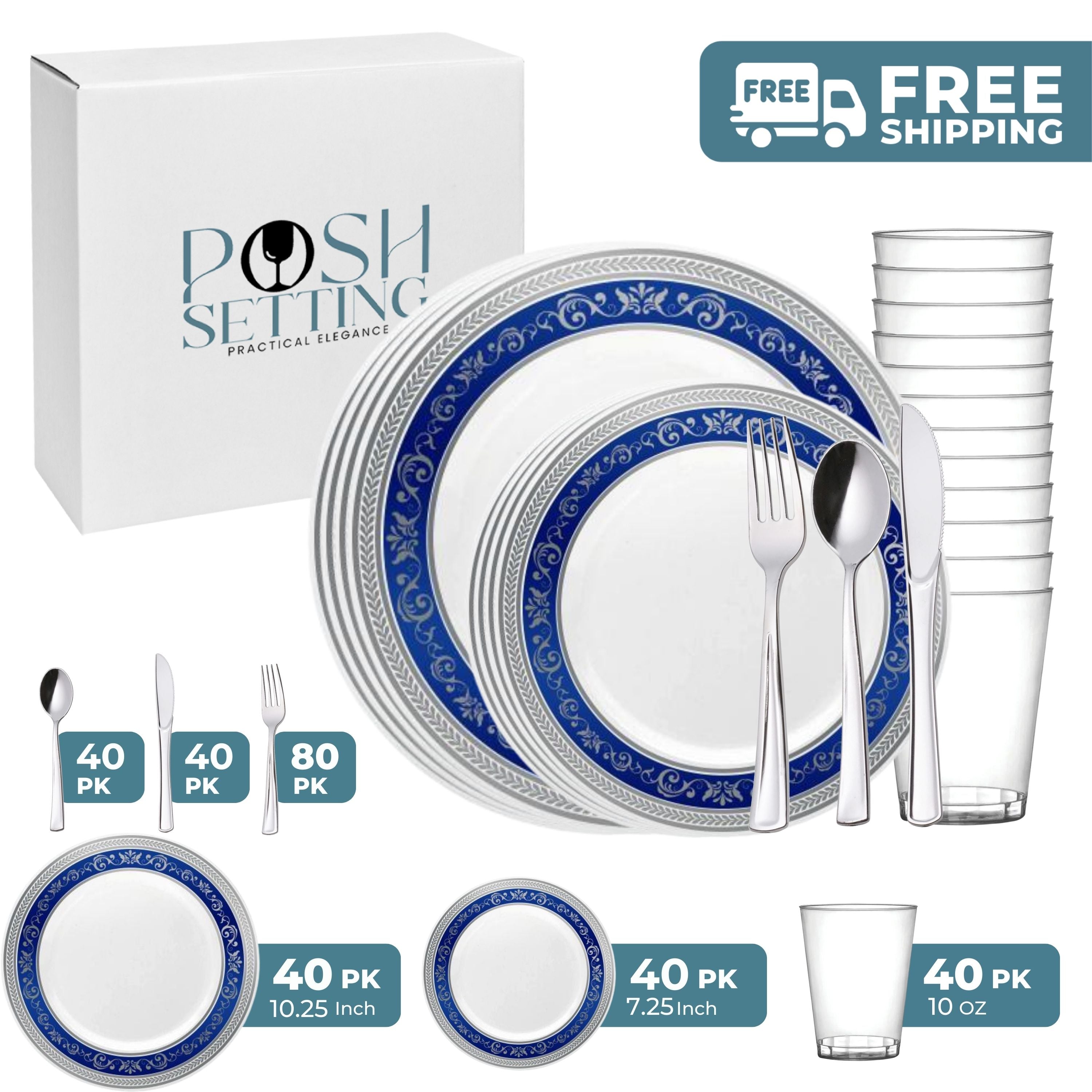 Royal White & Silver/Blue Plastic Party Bundle - Elegant Disposable Tableware Set for Birthdays, Weddings & Celebrations - Perfect for Themed Parties & Events
