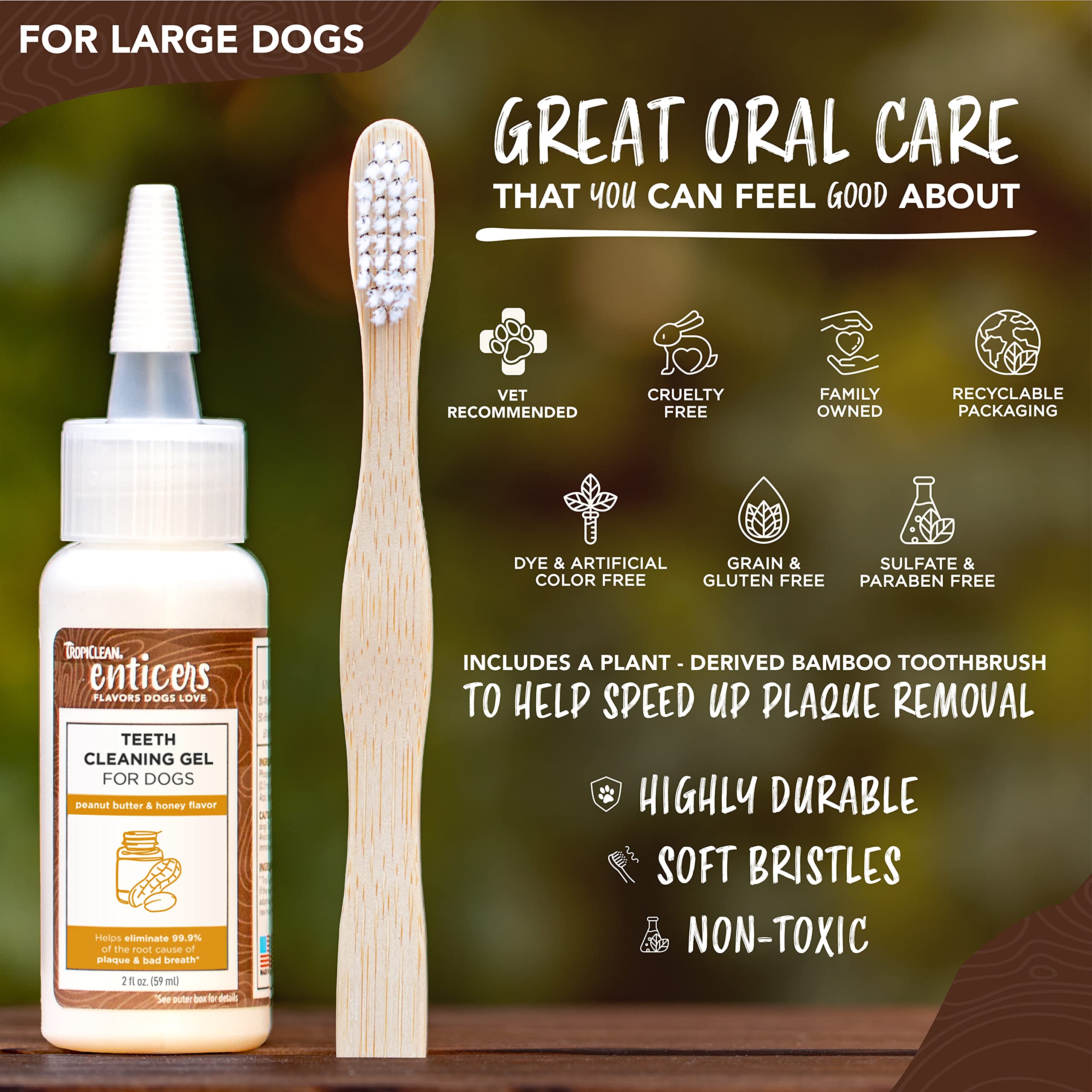 TropiClean Dog Teeth Cleaning Gel & Bamboo Brush - Peanut Butter Flavor for Large Dogs | Freshens Breath & Removes Plaque | Perfect for Daily Oral Care