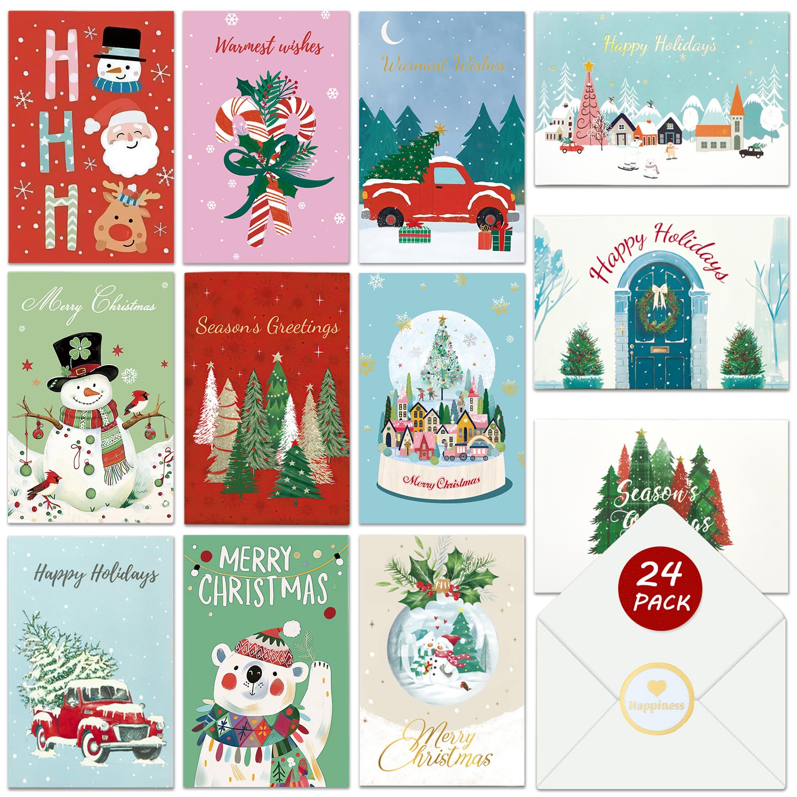24-Pack Assorted Merry Christmas Cards with Envelopes - 12 Unique Holiday Designs, Blank Inside (4