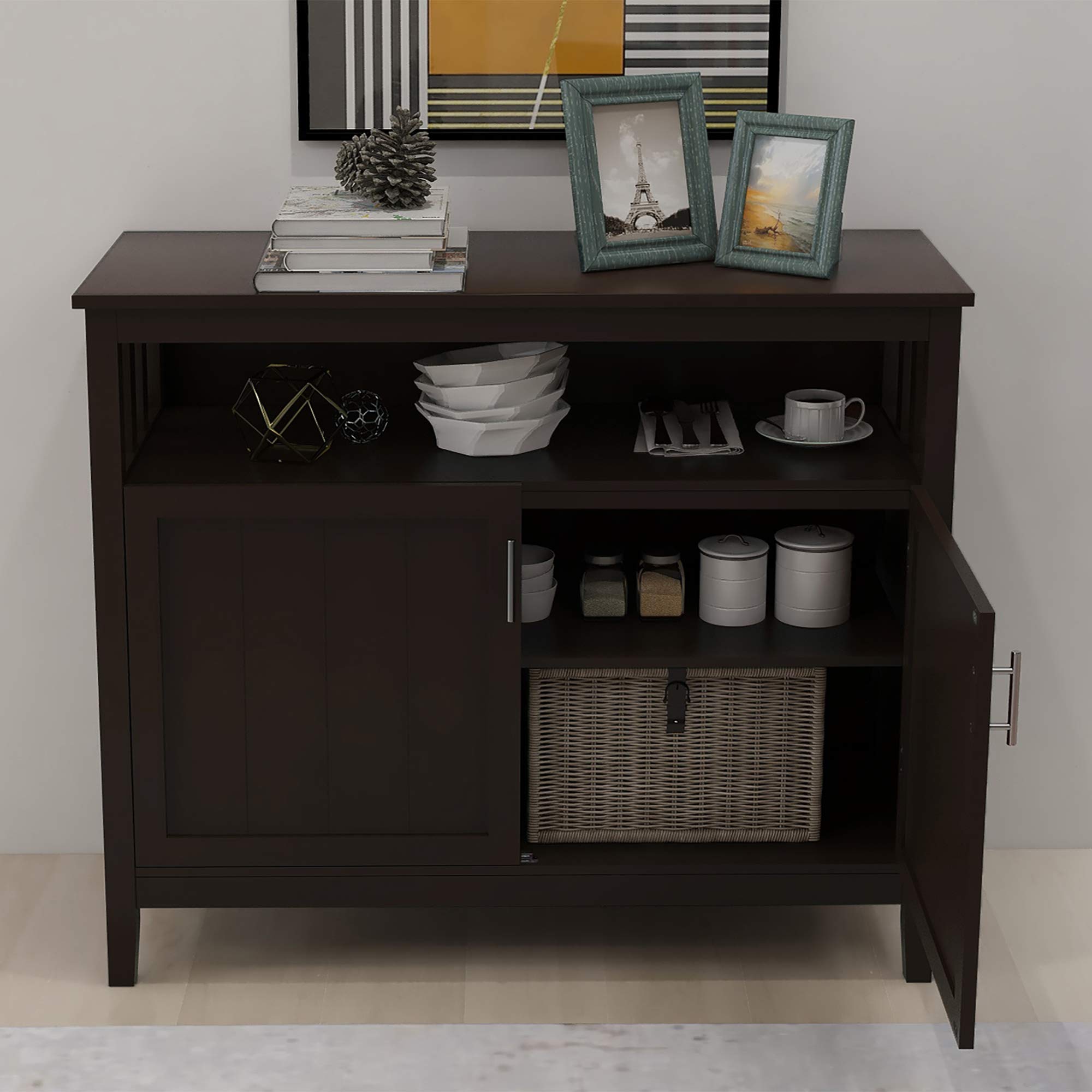 Solid Wood Kitchen Console Table with 2 Shelves & Storage - Buffet Cabinet with Open Shelf & Hidden Compartment - Dining Room Sideboard for Entryway, Living Room & Bedroom - Perfect for Home Organization & Space Saving (Brown, MDF)