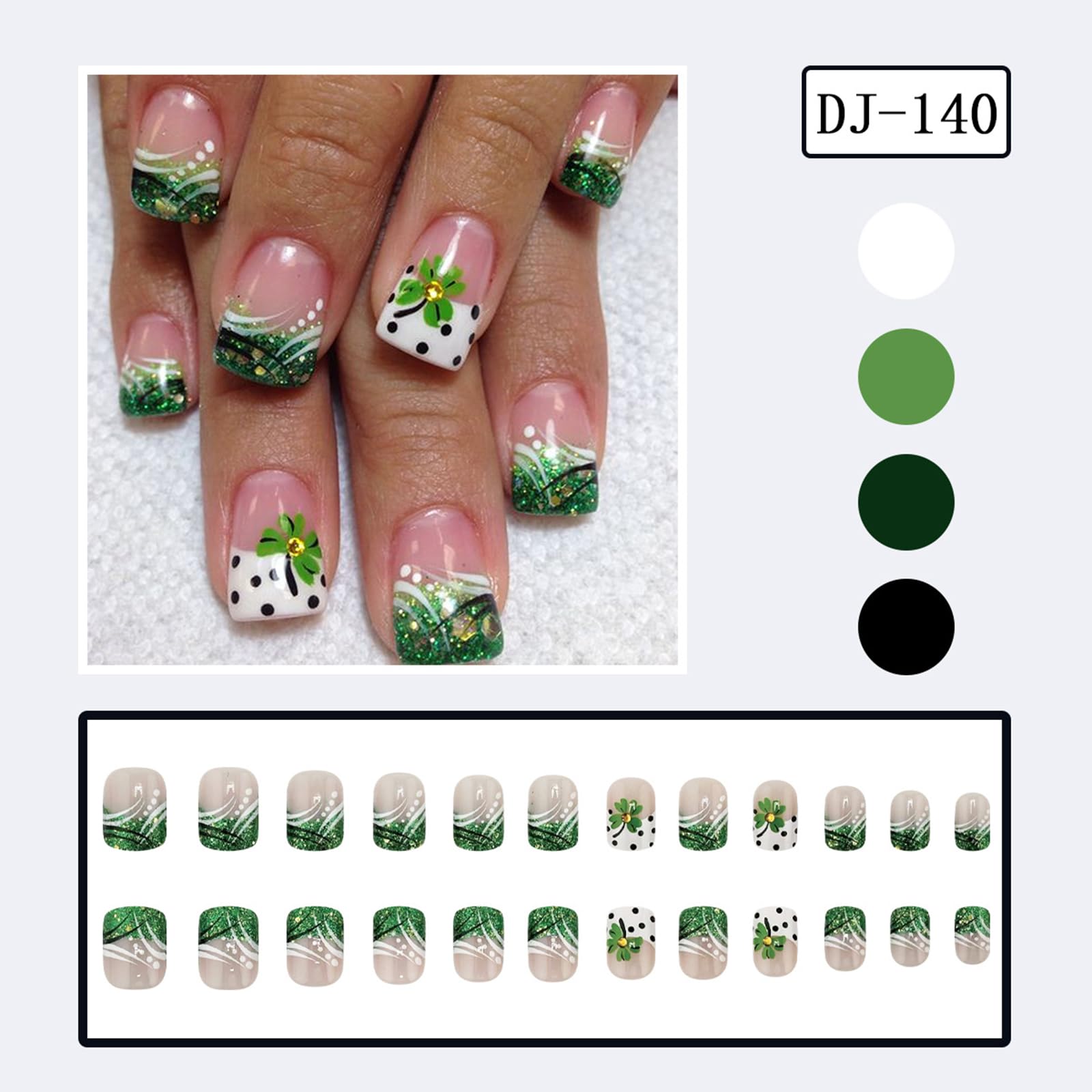 St. Patrick's Day Press On Nails - Short Square Fake Nails with Green White Glitter & Shamrock Design | DIY French Tip Manicure for Women | Perfect for Parties, Festivals & Irish Celebrations