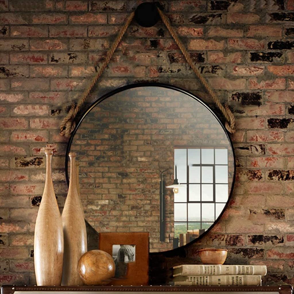 Round Black Metal Framed Wall Mirror with Hemp Rope Hanging Strap - Contemporary Vanity Mirror for Bathroom, Bedroom & Makeup Area | Elegant Home Decor & Functional Wall Art