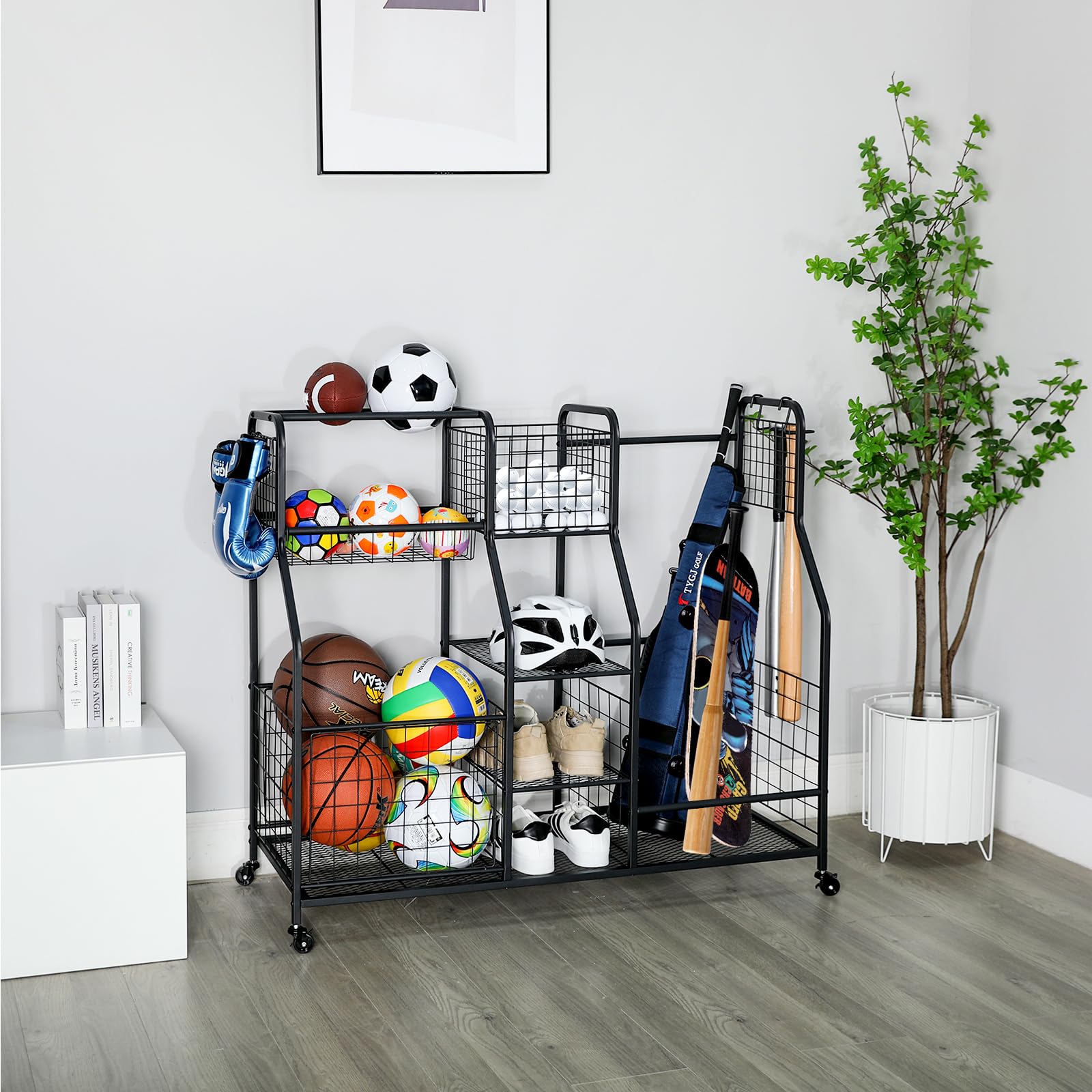 Garage Sports Equipment Organizer with Baskets & Hooks - 2 Golf Bag Holder, Outdoor Toy Storage & Ball Organizer for Garage - Perfect for Golf Clubs, Bikes, and Kids' Sports Gear Storage