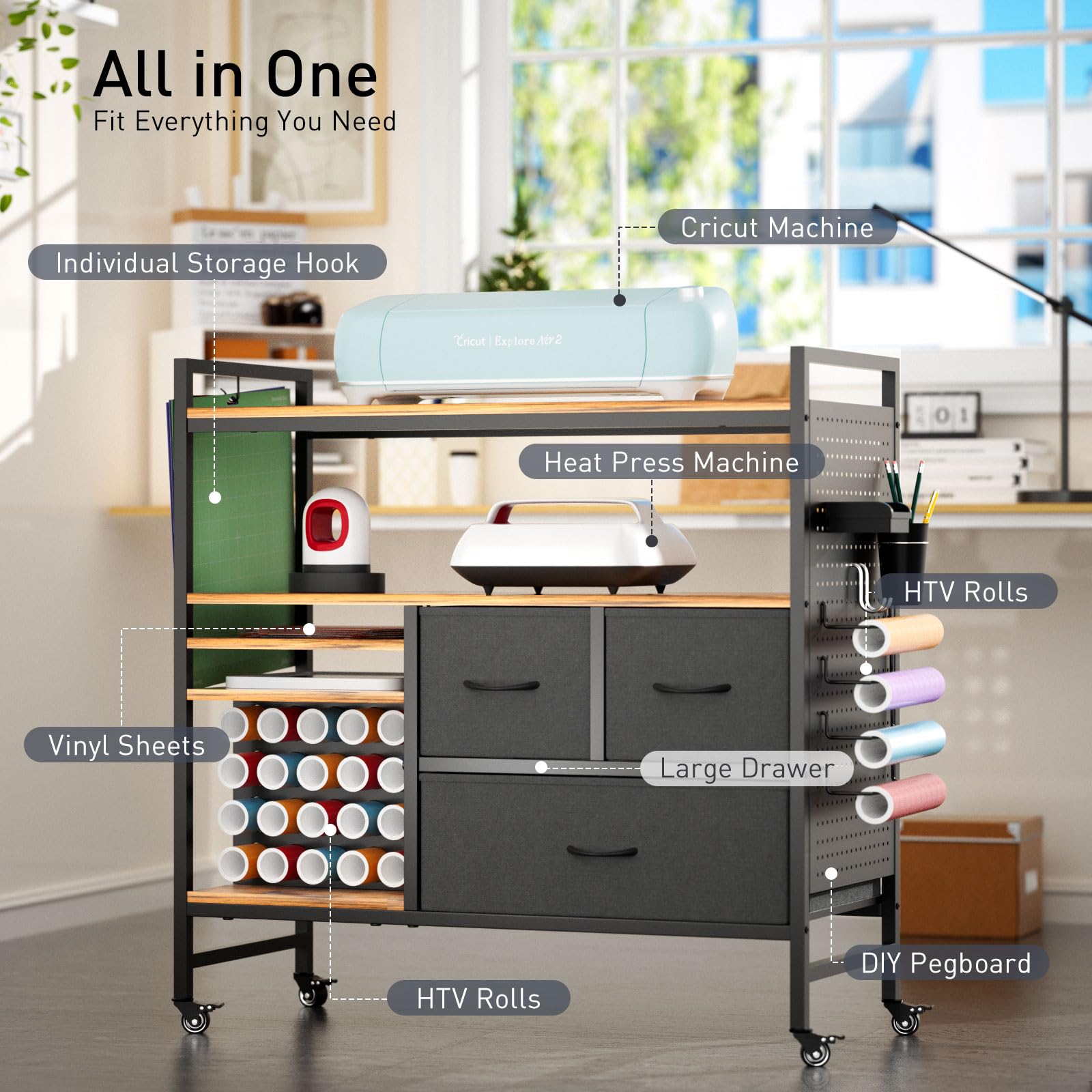 PUNLUXU Craft Storage Organizer for Cricut Machines - Vinyl Roll Holder, DIY Pegboard with Accessories, Rolling Craft Table with Storage Cabinet Workstation PU-01 (Patent Protected) | Perfect for Scrapbooking, Vinyl Cutting & DIY Craft Room Organization