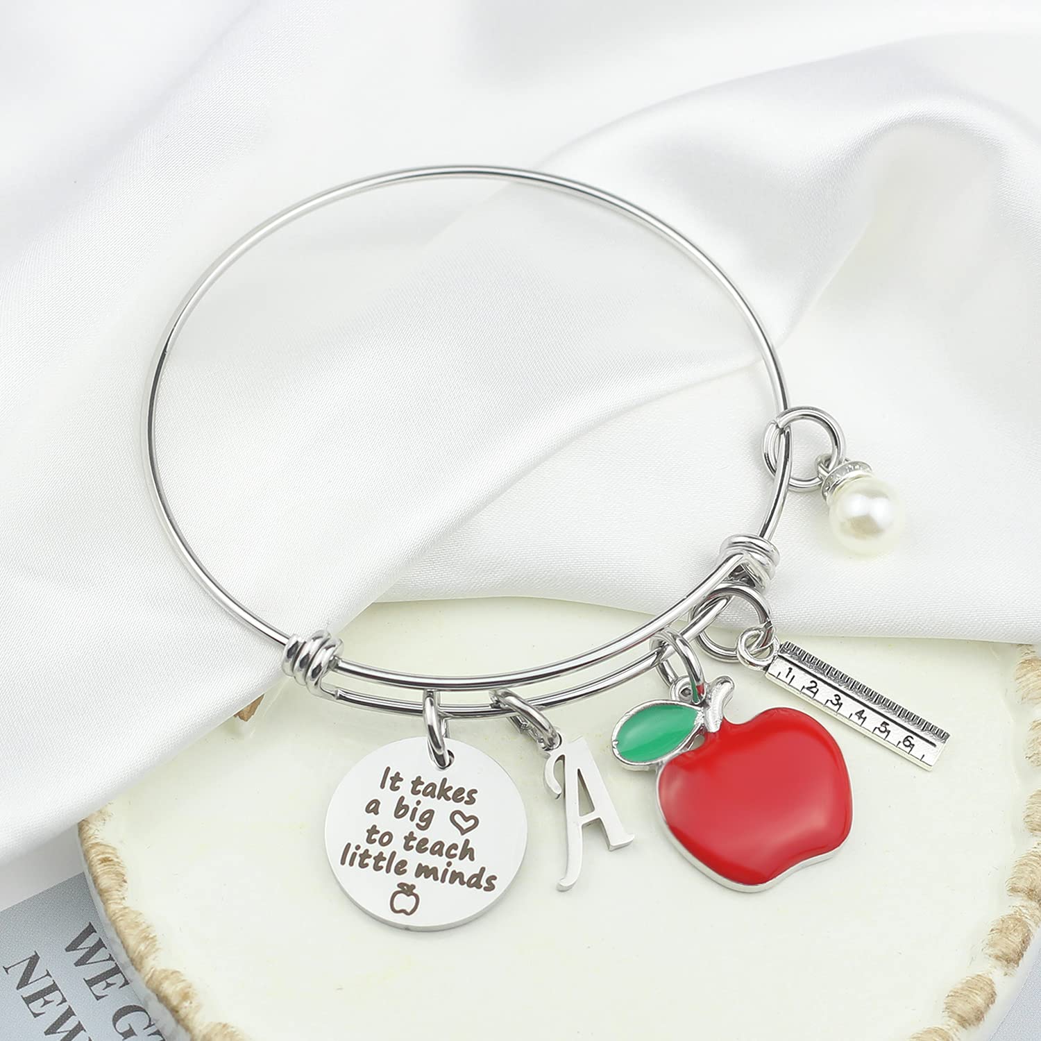 Scwasen Initial Teacher Bracelet for Women - Heart Shaped Teacher Appreciation Gift with Inspirational Quote 'It Takes a Big Heart to Teach Little Minds' - Perfect Thank You Gift for Teachers Day, Graduation, Retirement & Everyday Appreciation