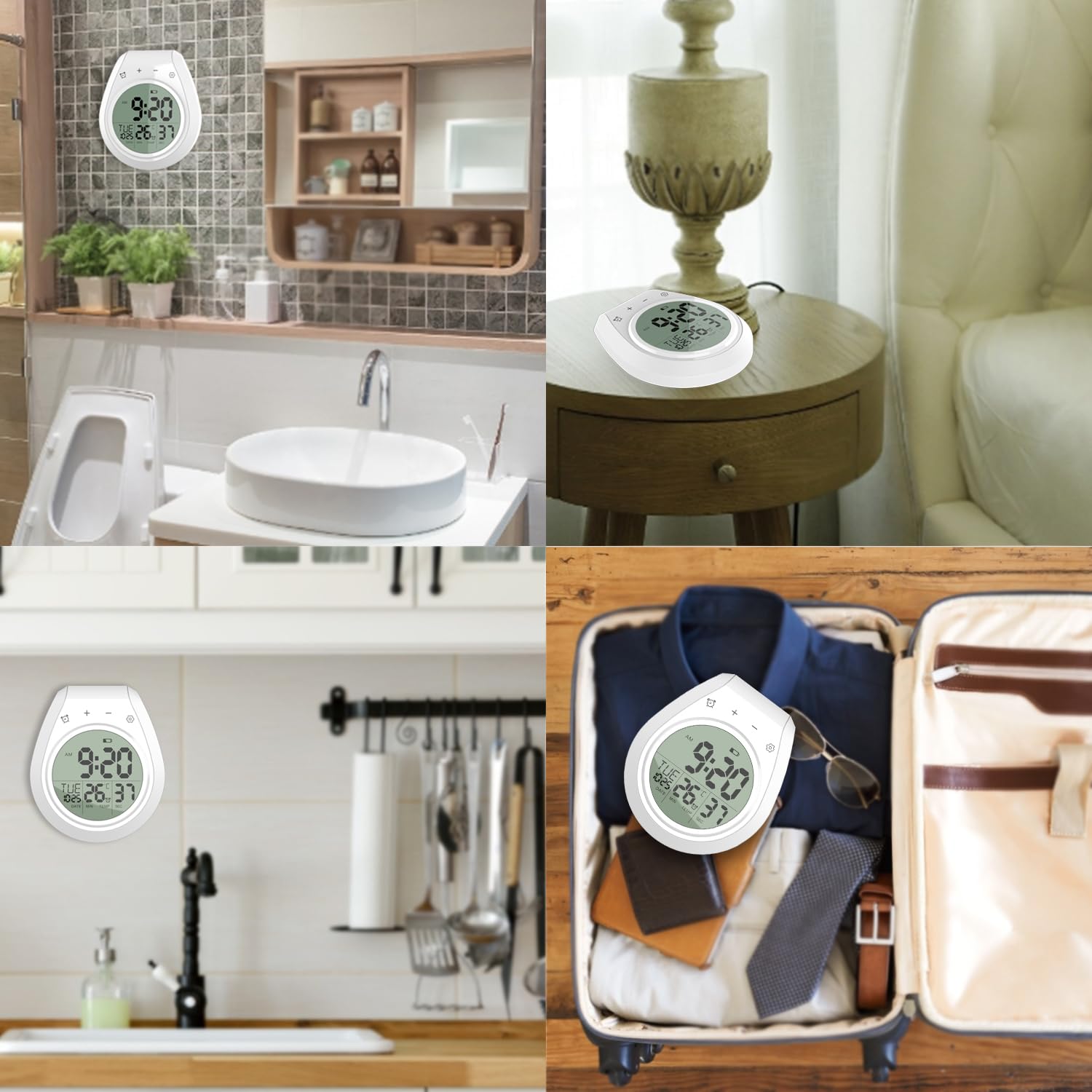 Waterproof Digital Shower Clock with Temperature Display - Large LCD Screen, Touch Buttons, Suction Cup & Adhesive Hanger - Perfect for Bathroom, Kitchen & Gym - Countdown Timer & Easy Setting - White