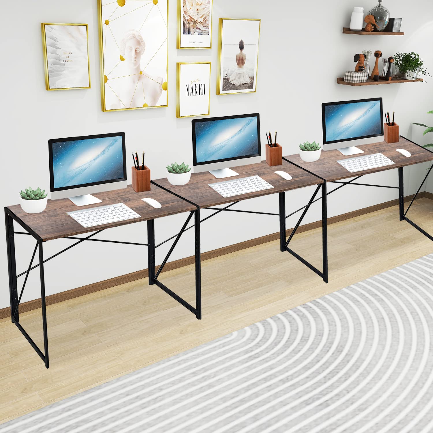 Zanzio 39.4 Inch Folding Computer Desk - Space Saving Home Office Desk with Metal Frame, No Assembly Required, Rustic Brown - Perfect for Small Spaces, Remote Work & Study Rooms