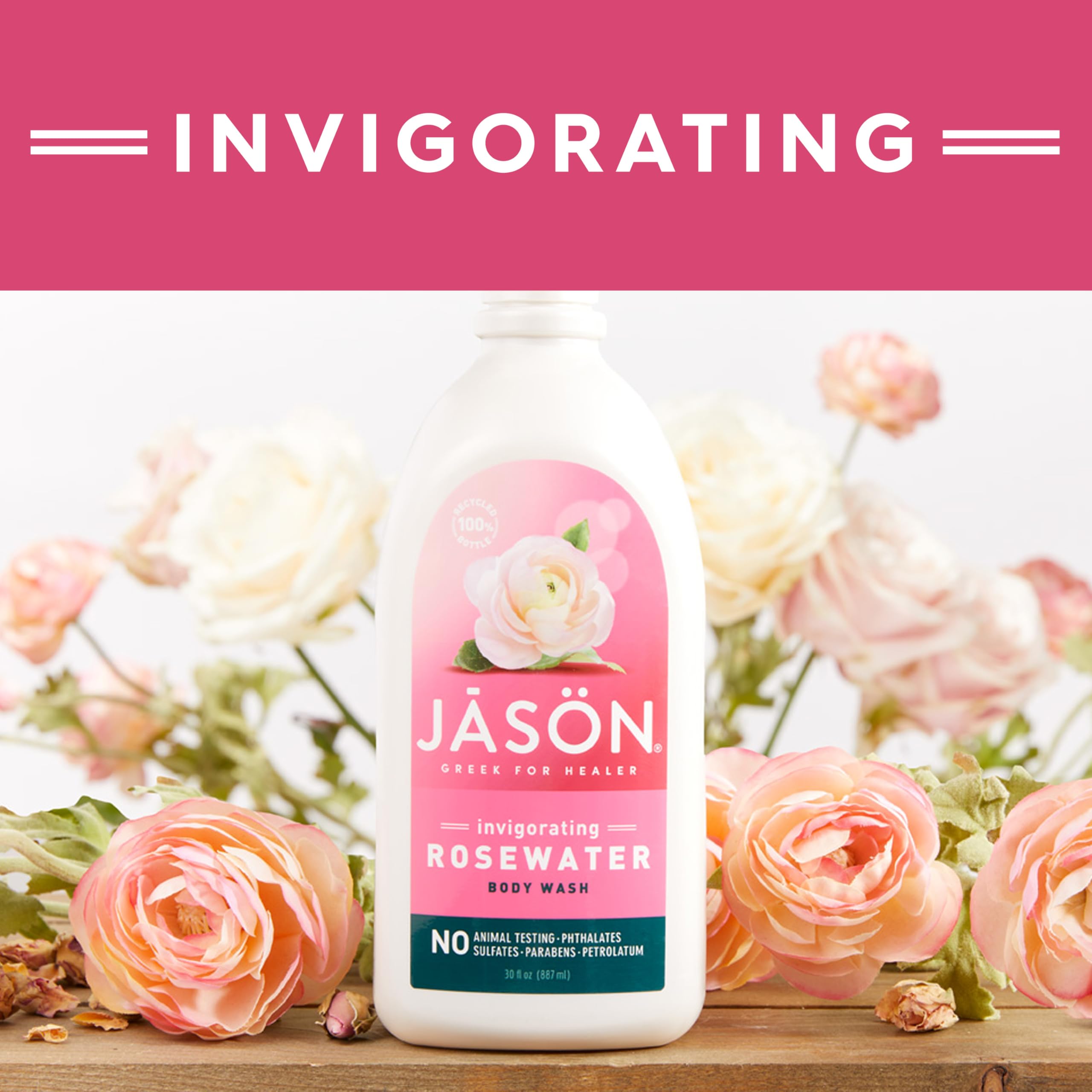 JASON Rosewater Invigorating Body Wash - Hydrating & Gentle Cleansing for Soft Skin, 30 fl oz | Perfect for Daily Shower & Spa-Like Relaxation