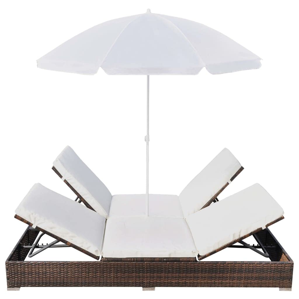 Brown Poly Rattan Adjustable Reclining Patio Lounge Bed with Umbrella - Perfect for Outdoor Relaxation in Garden, Beach, Poolside, Lawn, and Sunbathing Areas