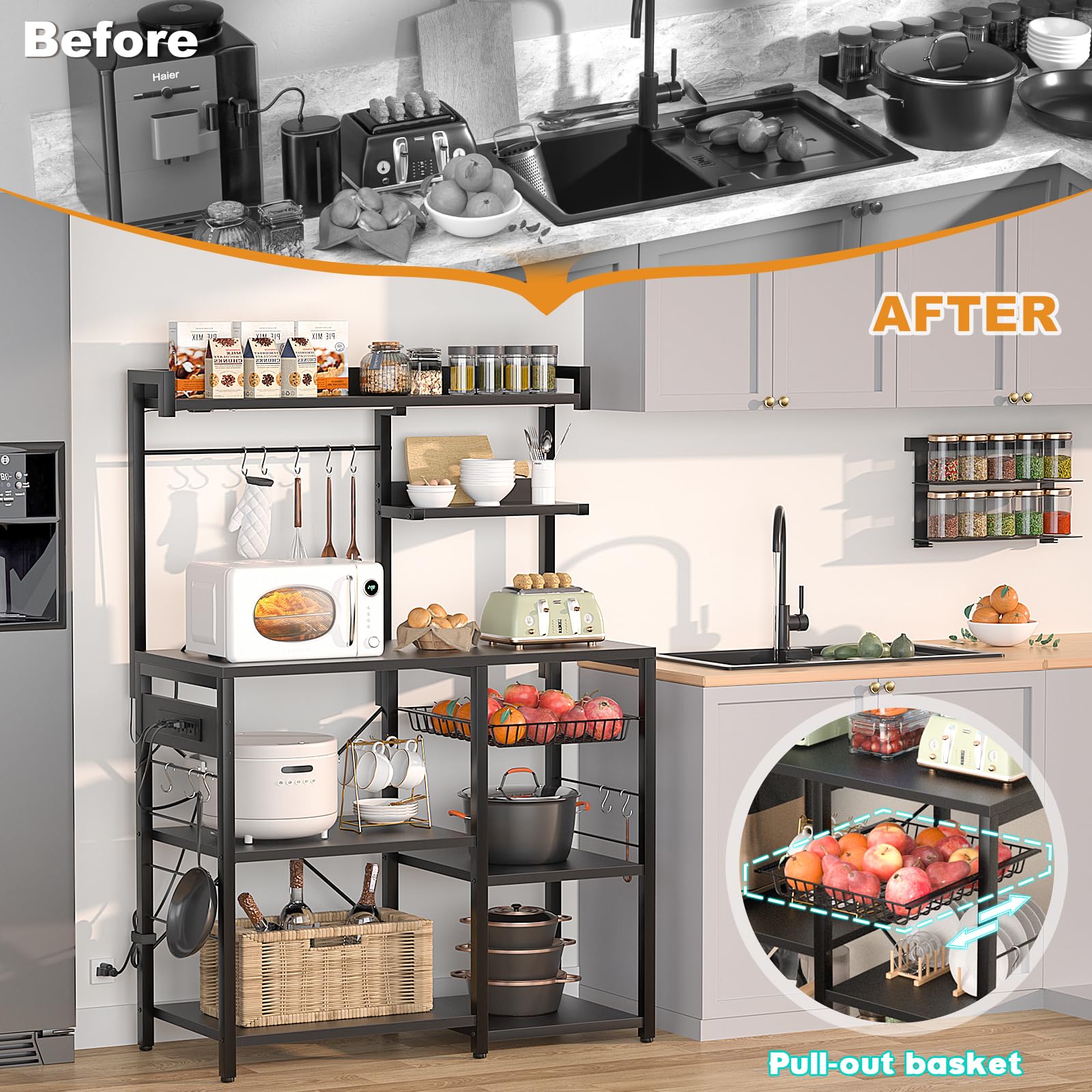 Aheaplus Bakers Rack with Power Outlet & LED Lights - Kitchen Storage Shelf with Wire Basket, Microwave Stand, Coffee Bar Station - Includes 10 Hooks for Spices, Pots & Pans - Perfect for Small Kitchens, Apartments & Coffee Stations (Black)
